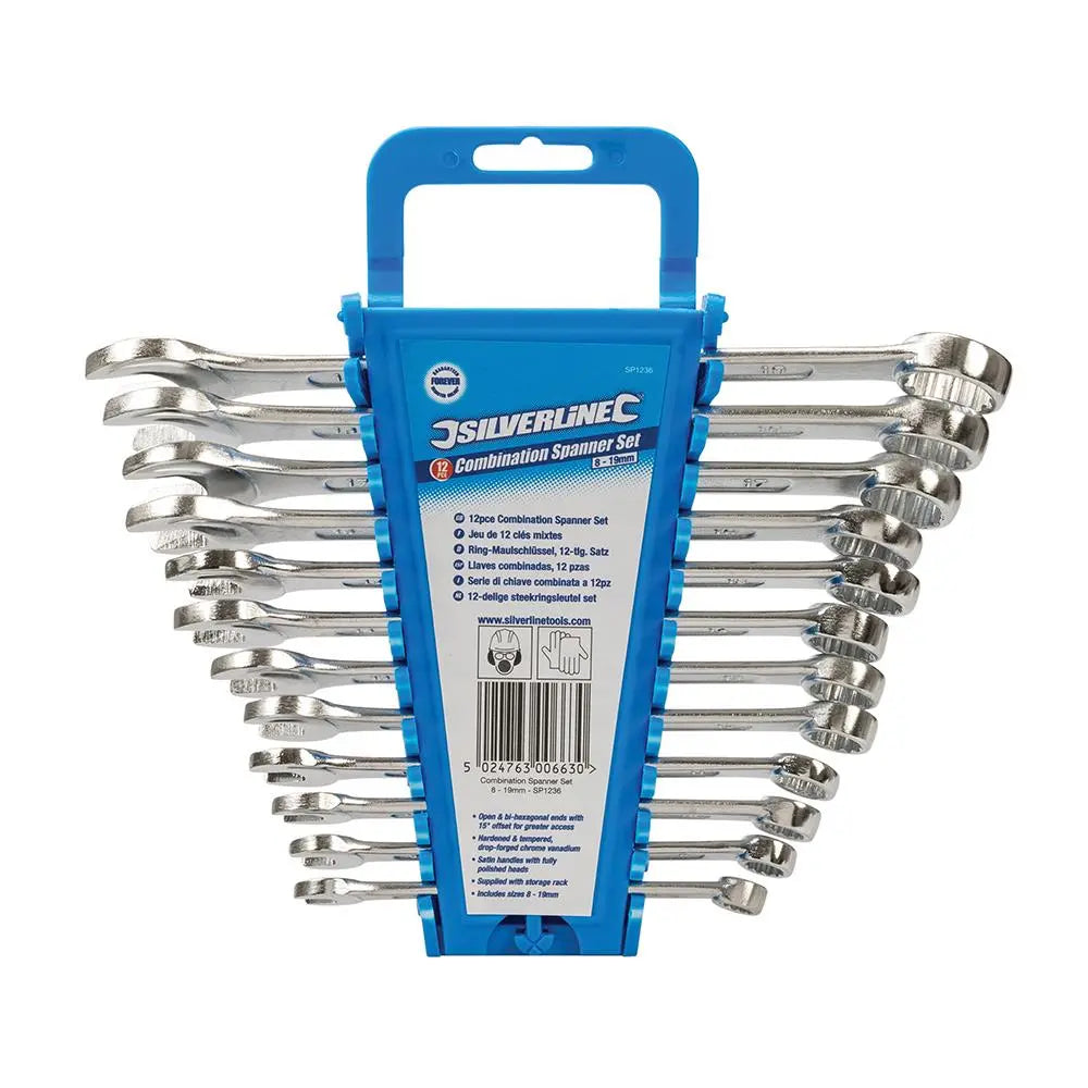 Silverline 12 Piece Combination Spanner Set 8-19mm Open End Hex Storage Rack 
