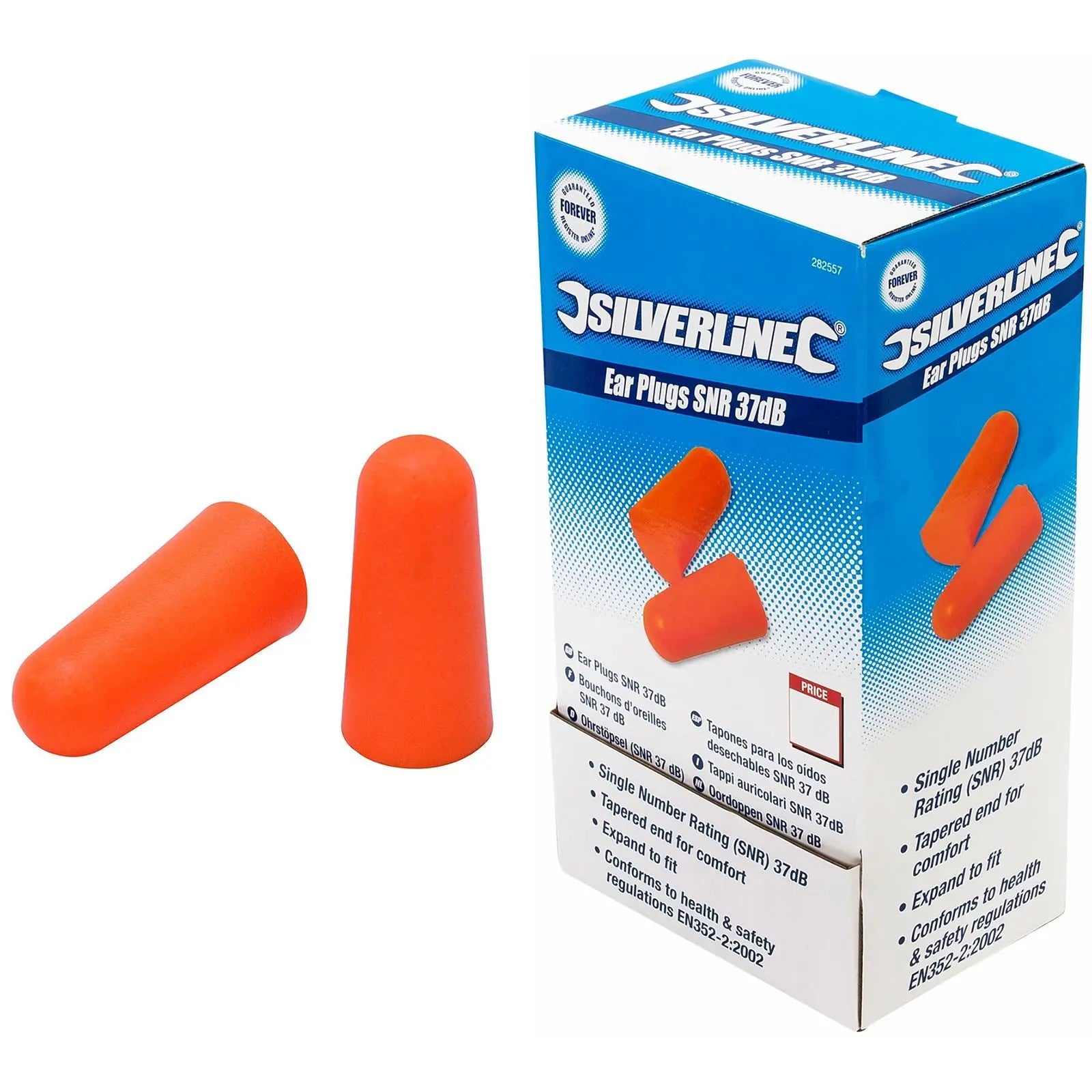 Silverline 200pk Of 2 Piece Ear Plugs SNR 37 dB Disposable Hygienic Hearing Protection  White Rose Tools