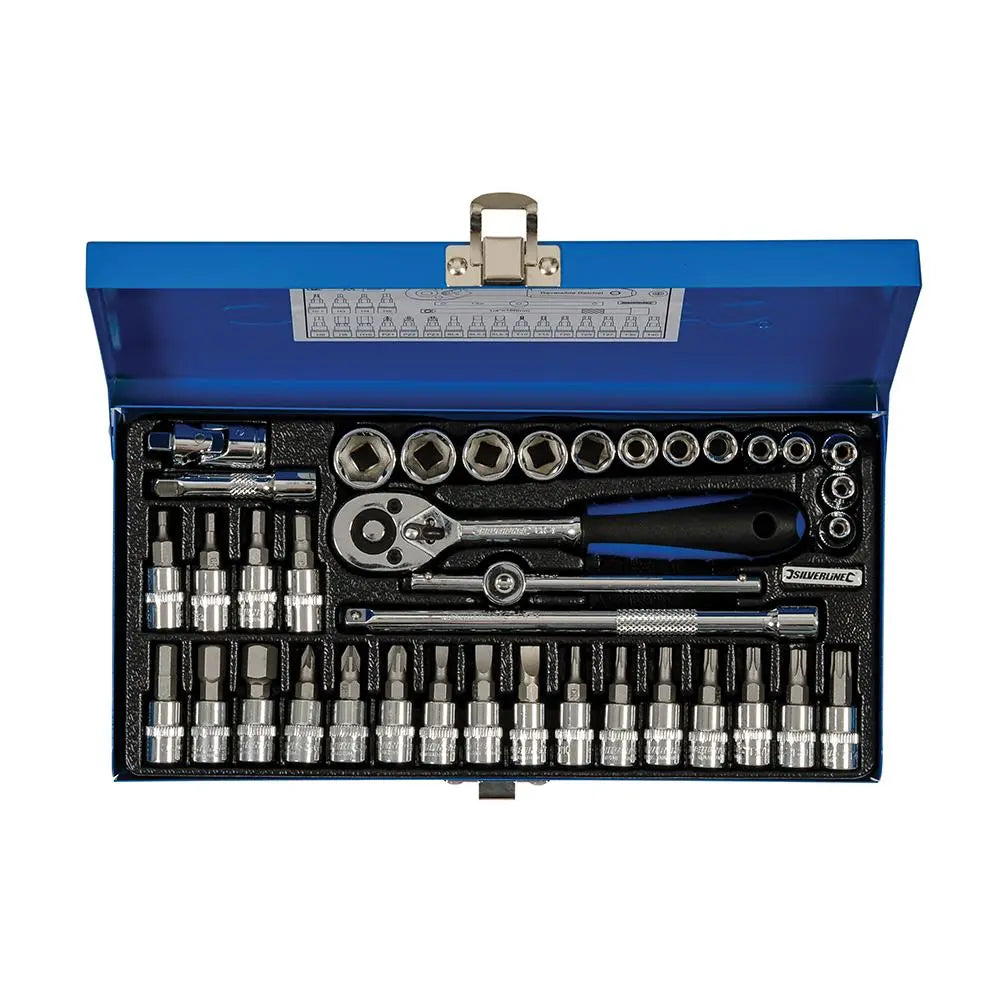 Silverline 38 Piece 1/4" Drive Metric Socket Wrench Set Extension Bar Ratchet Handle 