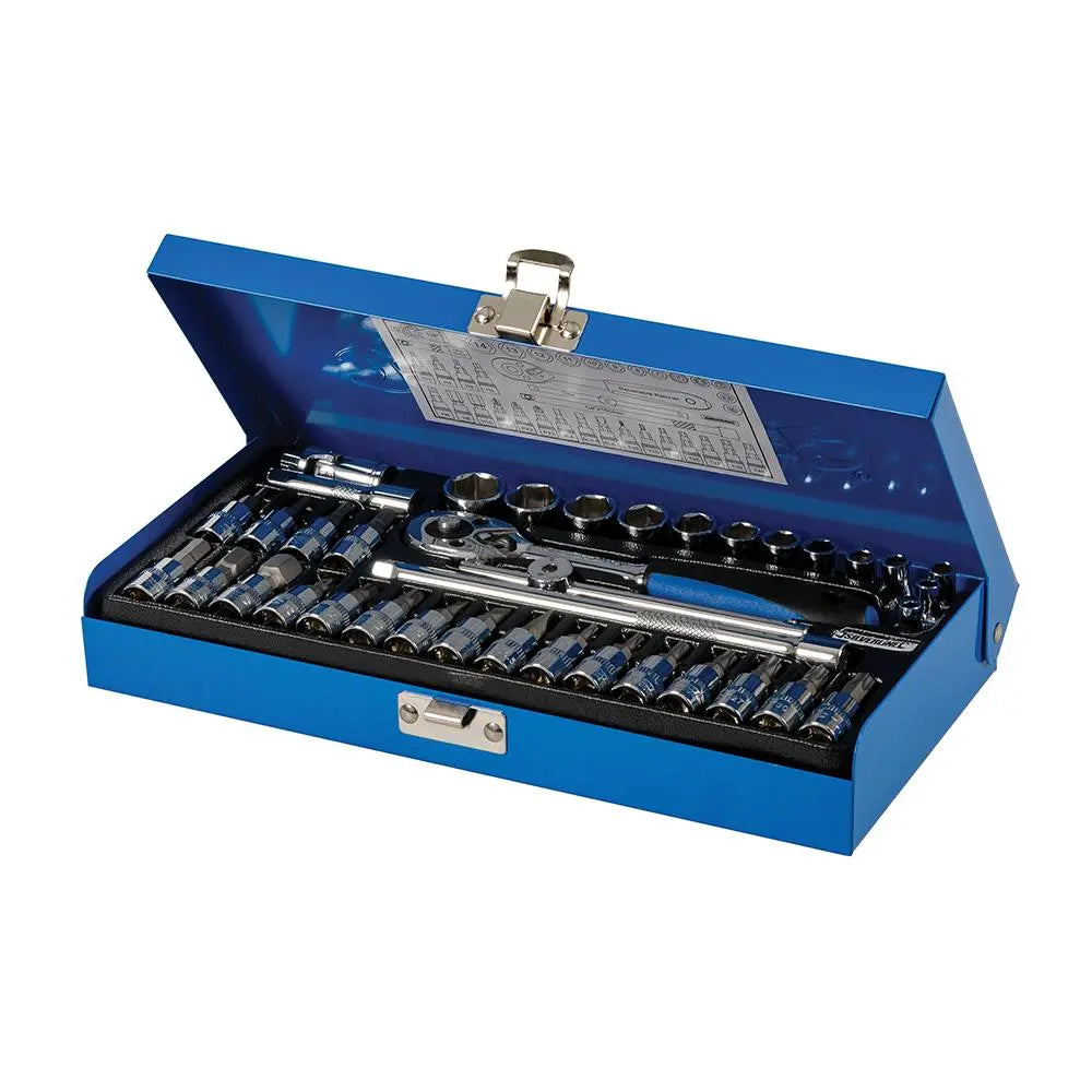 Silverline 38 Piece 1/4" Drive Metric Socket Wrench Set Extension Bar Ratchet Handle 