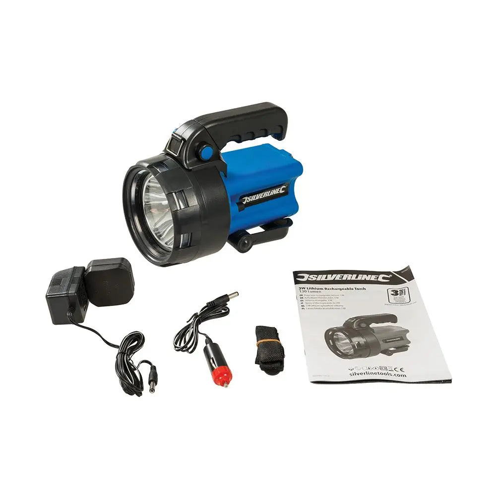 Silverline 3W Lithium Rechargeable Torch 150 Lumen 347767  White Rose Tools