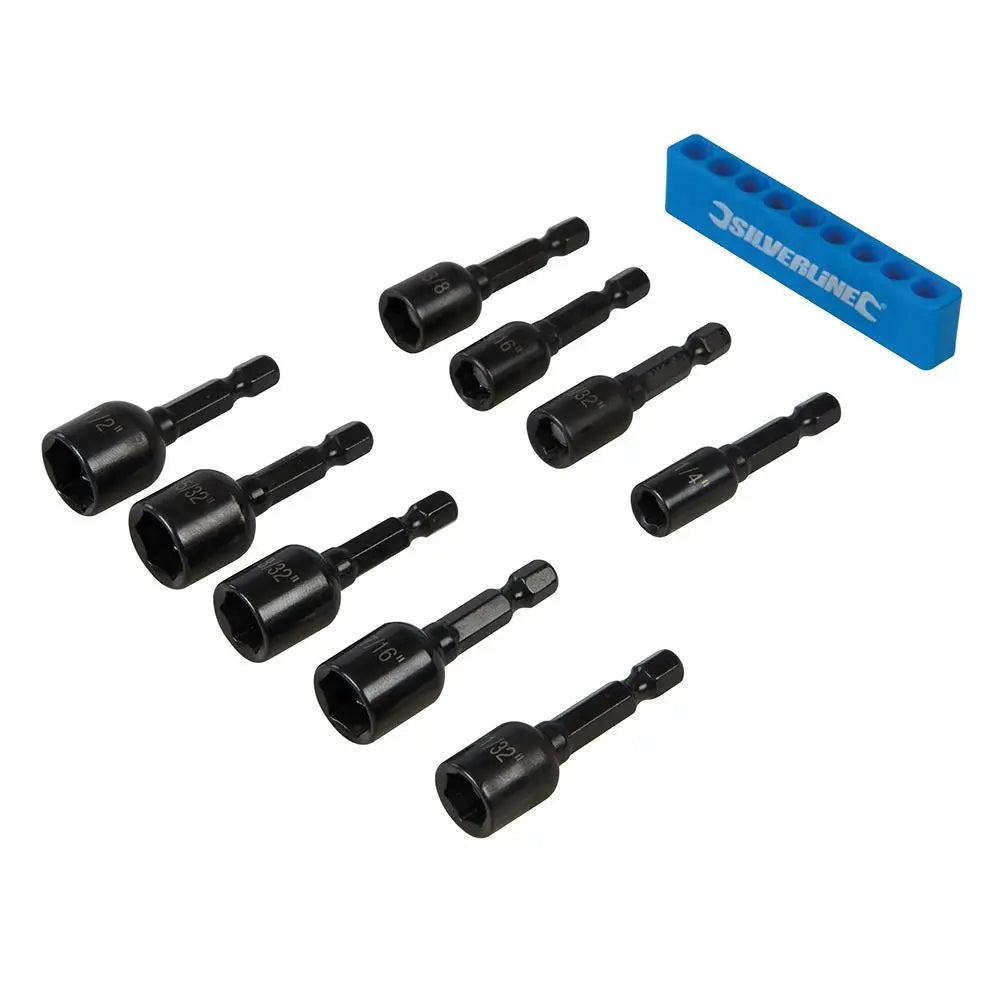 Silverline 9 Piece Imperial Magnetic Nut Driver Set 1/4"-1/2" Hex Drill Socket Adaptor 