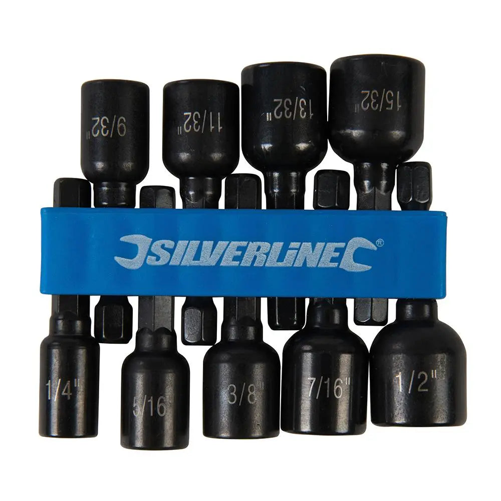 Silverline 9 Piece Imperial Magnetic Nut Driver Set 1/4"-1/2" Hex Drill Socket Adaptor 