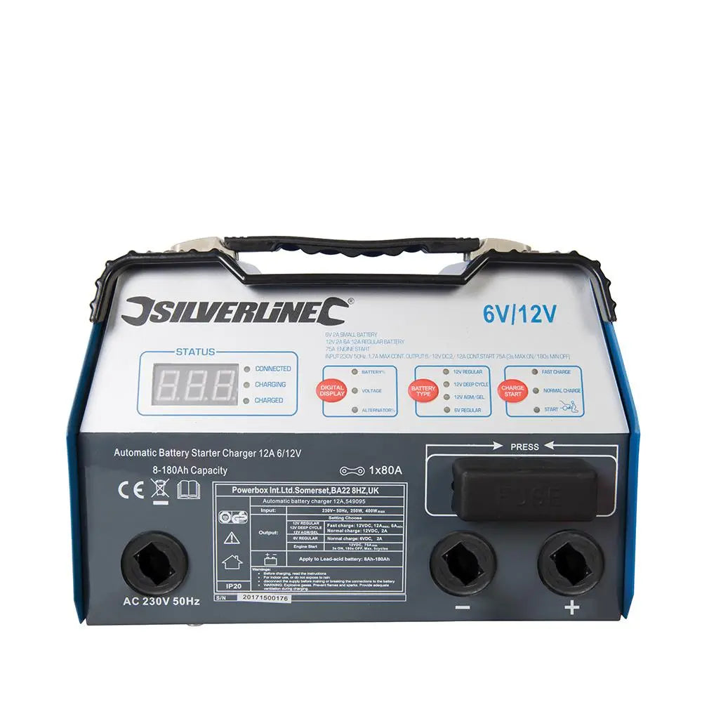 Silverline Automatic Battery Starter Charger 12A 6/12V 8-180Ah Capacity 549095  White Rose Tools