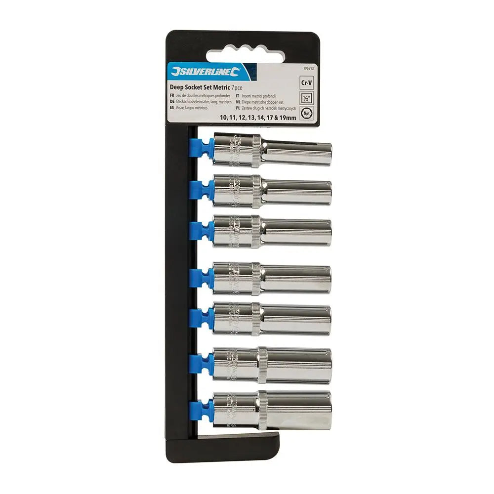 Silverline Deep Socket Set 1/2" Drive 6pt Metric 7pce 10 - 19mm 196513  White Rose Tools