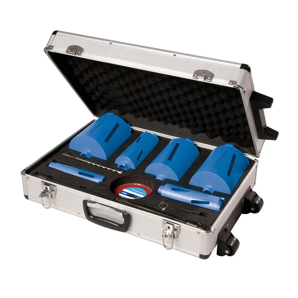 Silverline Diamond Core Drill Kit 6-Core 12pce 38, 52, 65, 107, 117 & 127mm Dia 427650  White Rose Tools