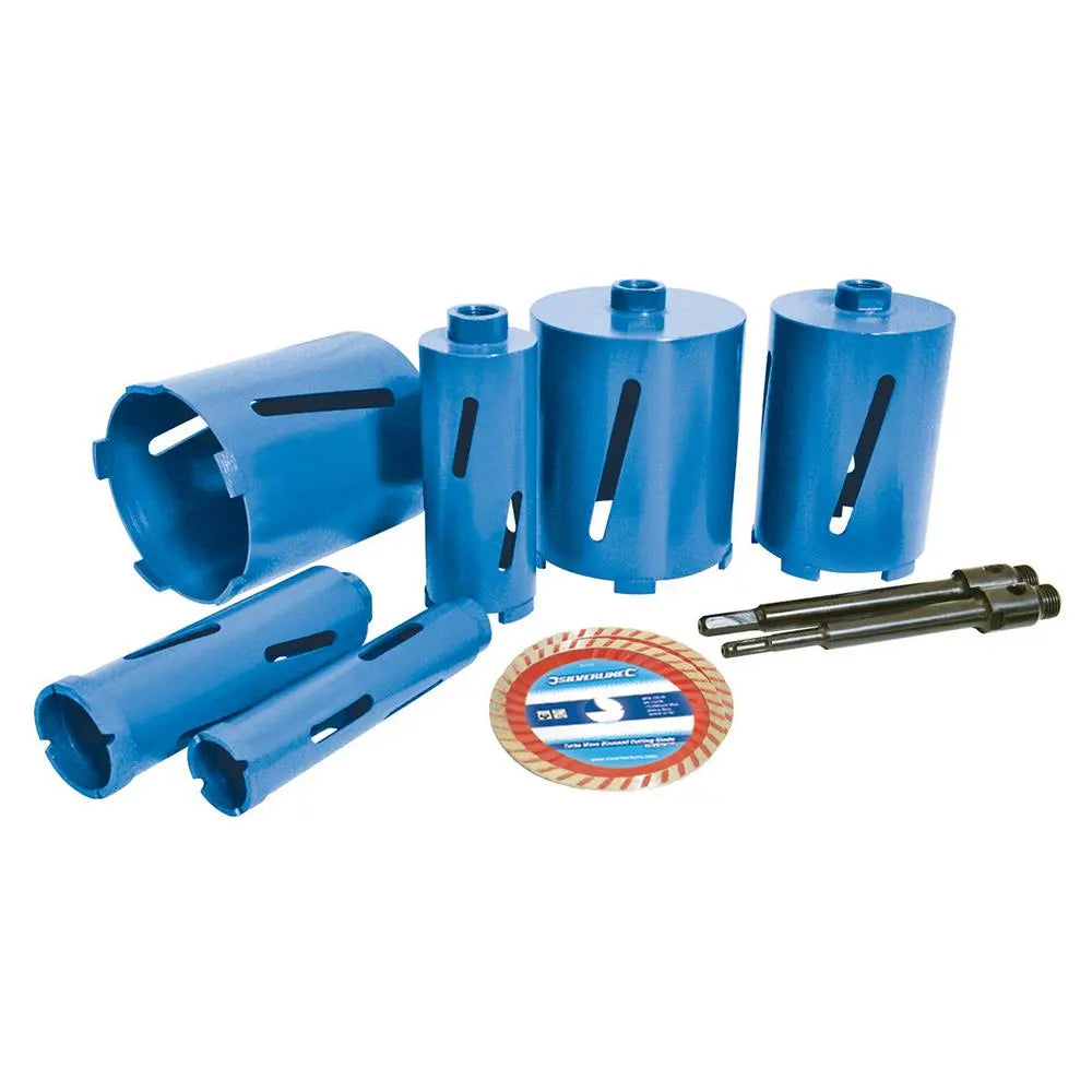 Silverline Diamond Core Drill Kit 6-Core 12pce 38, 52, 65, 107, 117 & 127mm Dia 427650  White Rose Tools