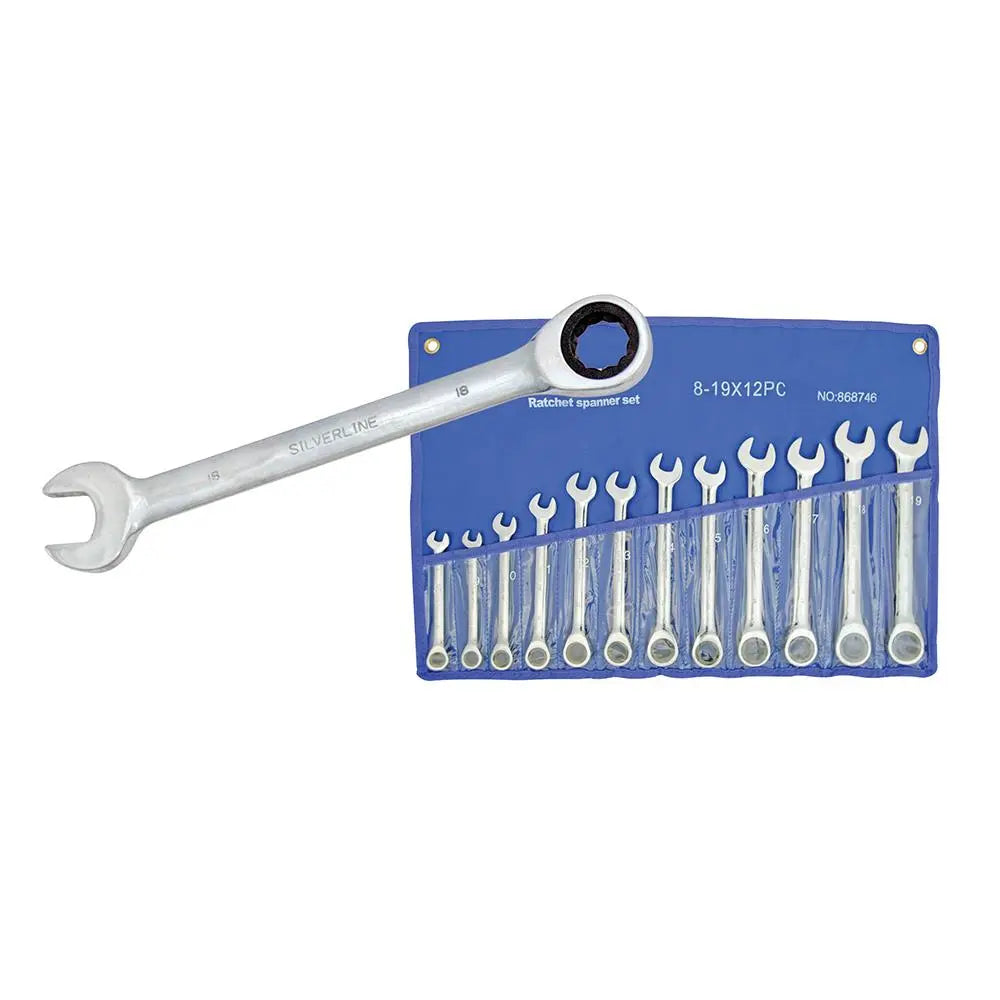 Silverline Fixed Head Ratchet Spanner Set 12pce 8 - 19mm 868746  White Rose Tools
