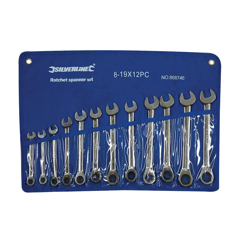 Silverline Fixed Head Ratchet Spanner Set 12pce 8 - 19mm 868746  White Rose Tools