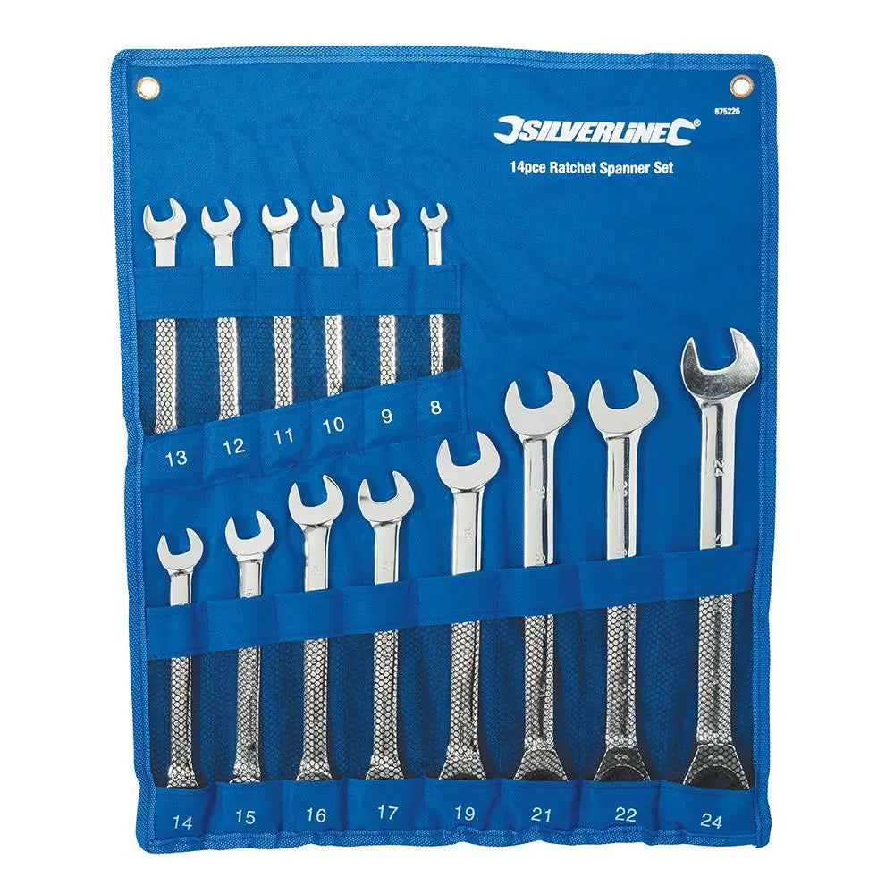 Silverline Fixed Head Ratchet Spanner Set 14pce 8 - 24mm 675226  White Rose Tools