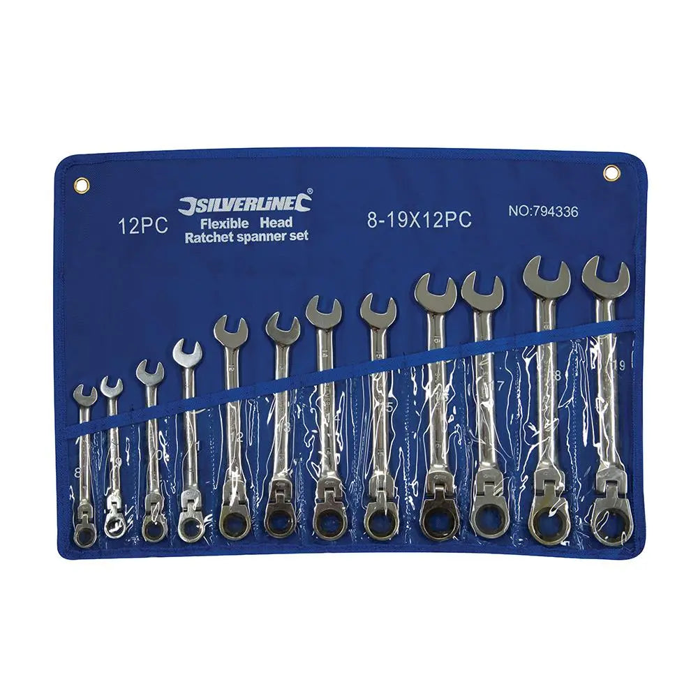 Silverline Flexible Head Ratchet Spanner Set 12pce 8 - 19mm 794336  White Rose Tools