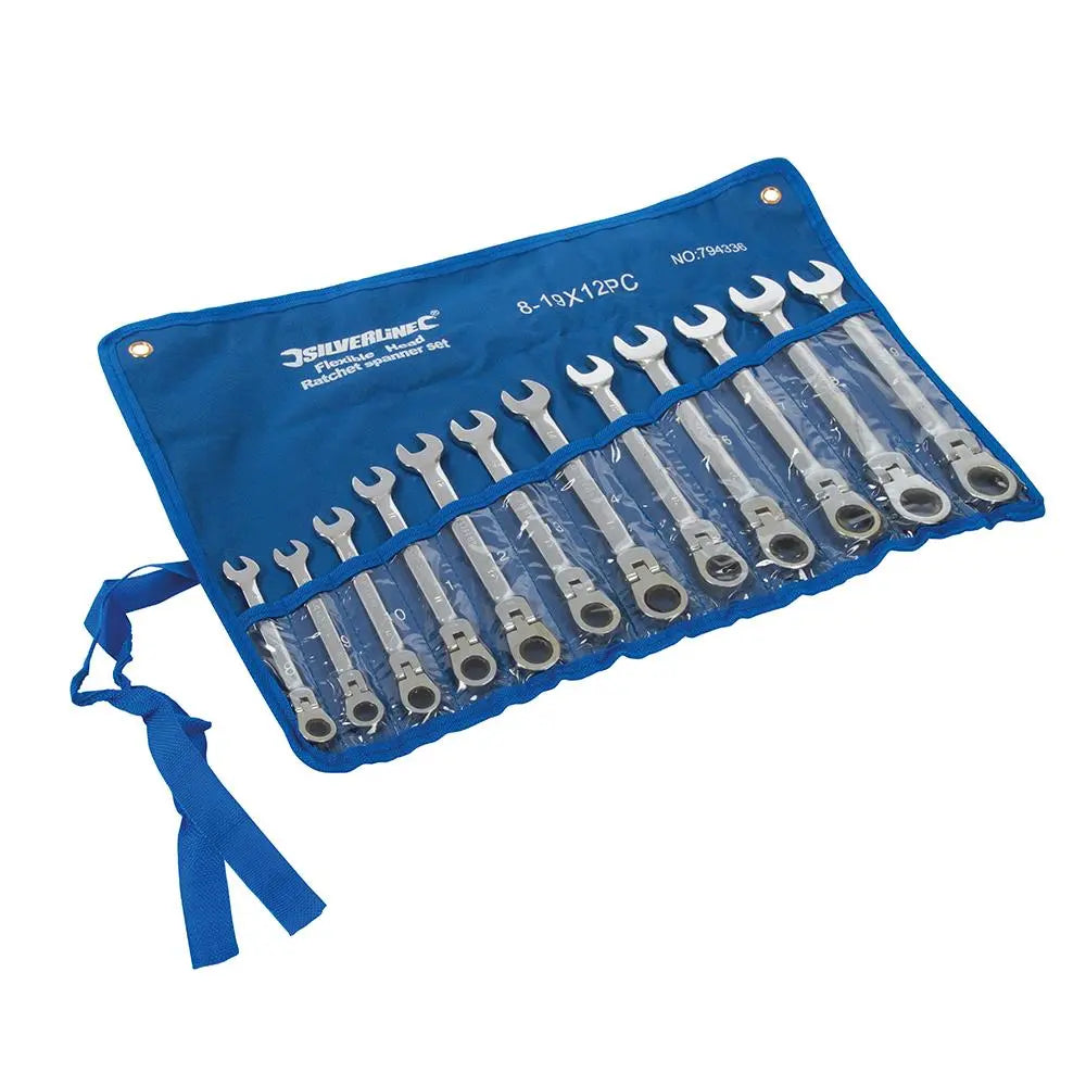 Silverline Flexible Head Ratchet Spanner Set 12pce 8 - 19mm 794336  White Rose Tools