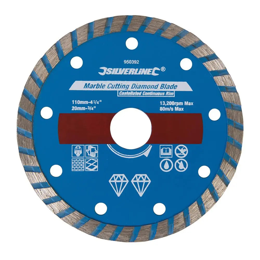 Silverline Marble Cutting Diamond Blade 110 x 20mm Castellated Continuous Rim 950392  White Rose Tools