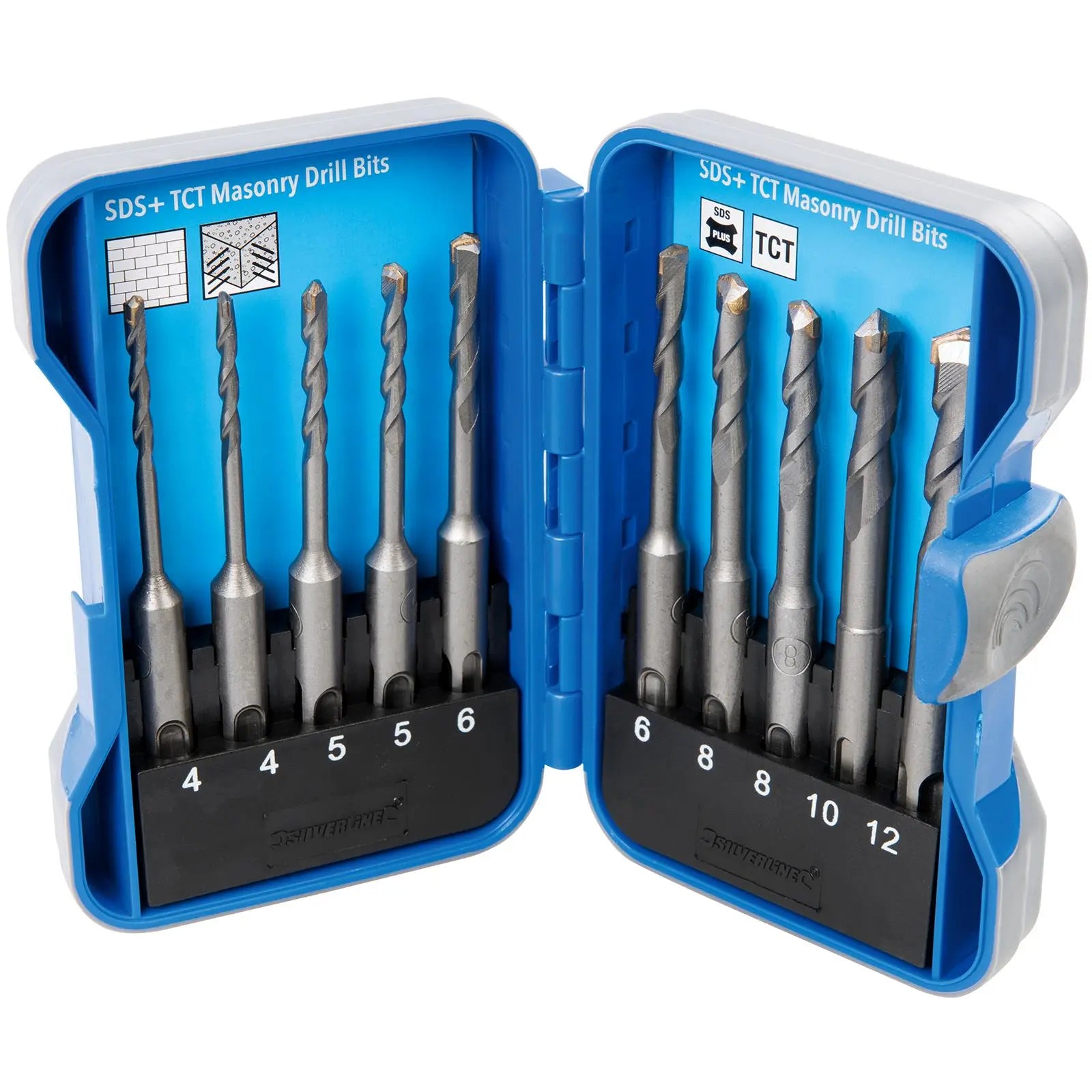 Silverline Masonry Drill Bit Set SDS Plus Concrete Brick Stone Block 10pc 4-12mm  White Rose Tools