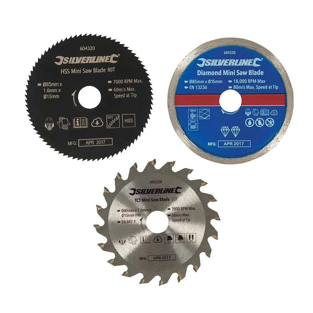 Silverline Mini Saw Blade Set 3pce 85mm Dia - 15mm Bore 604320  White Rose Tools