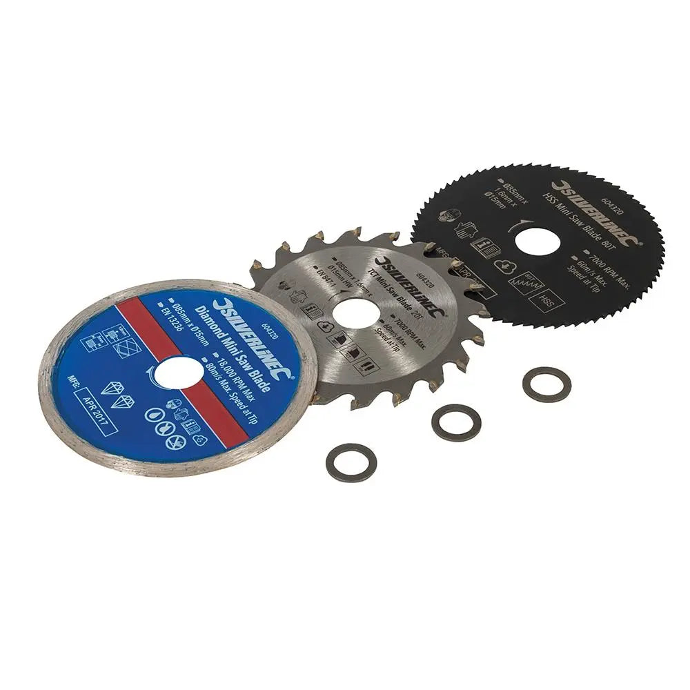 Silverline Mini Saw Blade Set 3pce 85mm Dia - 15mm Bore 604320  White Rose Tools