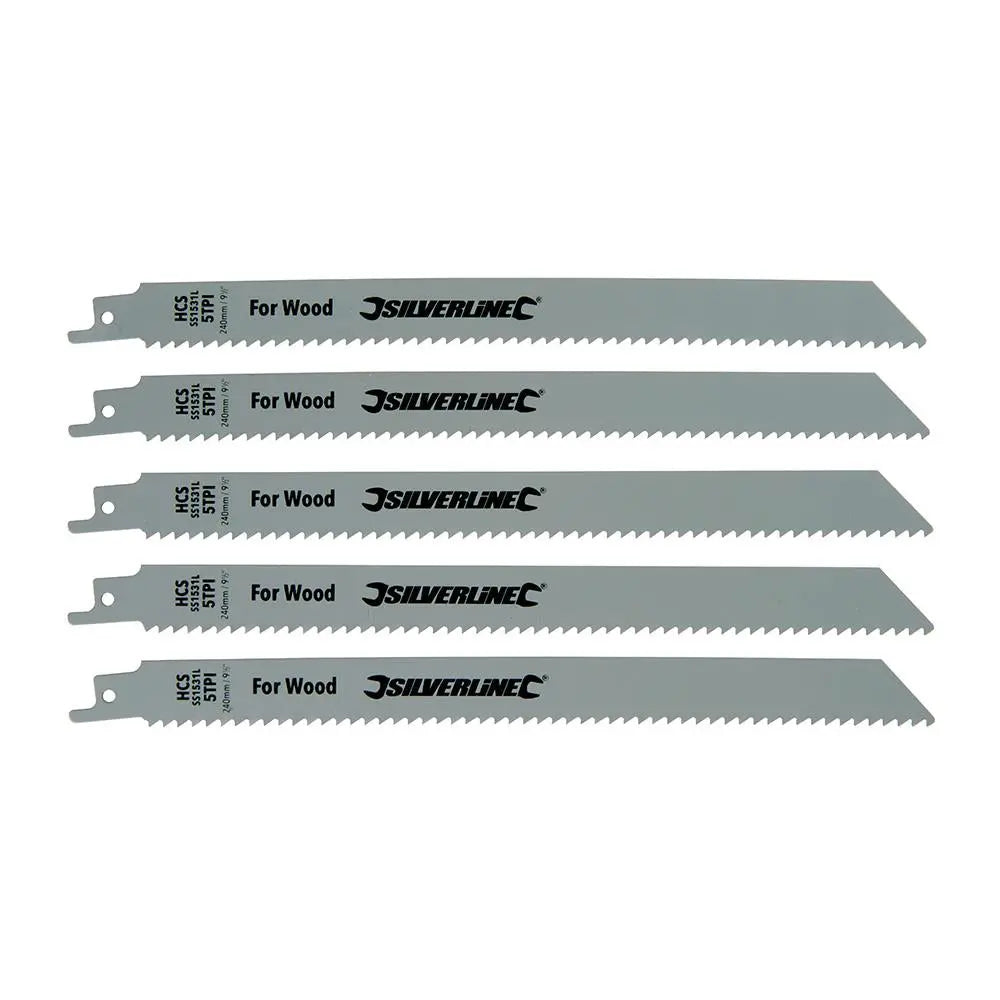 Silverline Recip Saw Blades for Wood 5pk HCS - 5tpi 240mm 196500  White Rose Tools