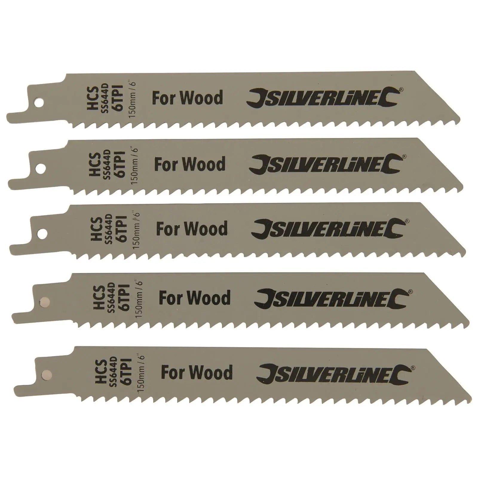 Silverline Recip Saw Blades for Wood HCS 5 Pack 6 TPI 150mm Cutting Blades 