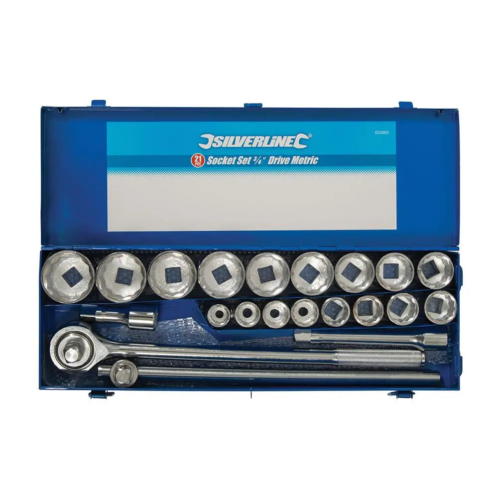 Silverline Socket Set 3/4" Drive 12pt Metric 21pce 19 - 50mm 633663  White Rose Tools