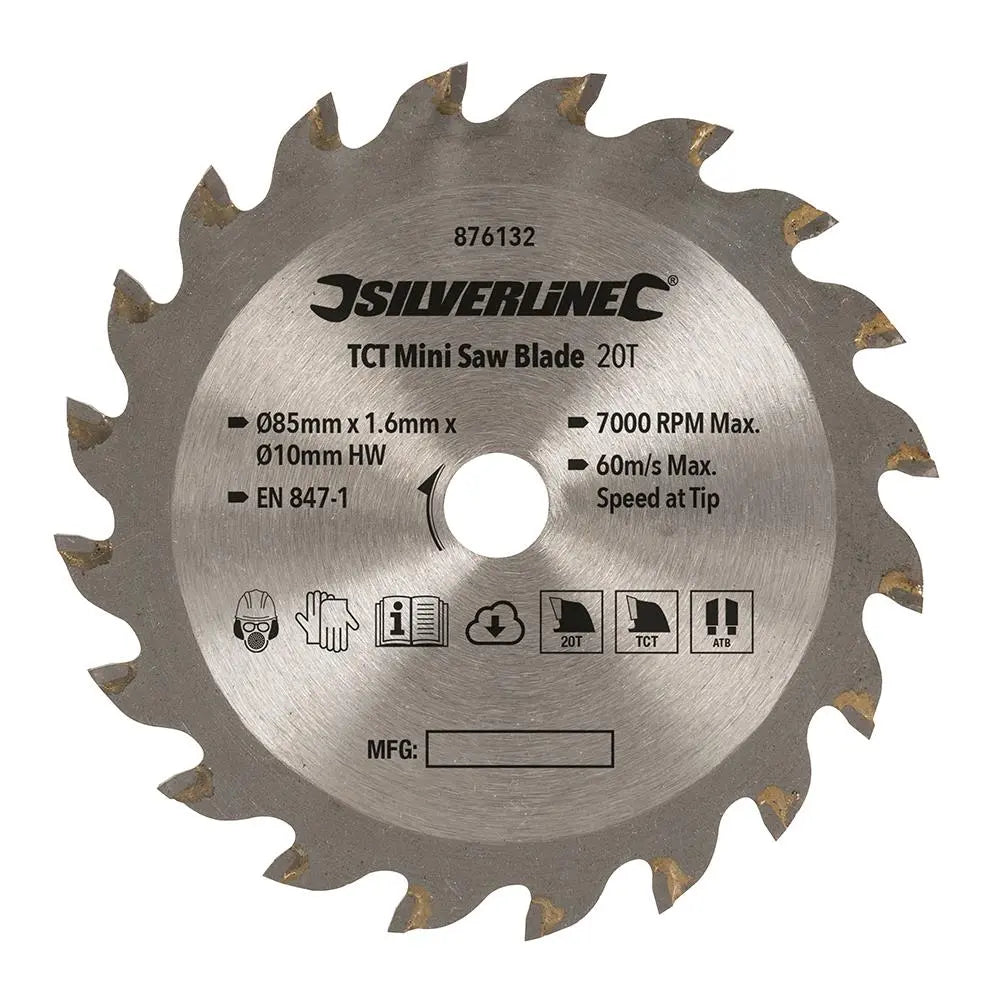 Silverline TCT Mini Saw Blade 85mm Dia - 10mm Bore 20T 876132  White Rose Tools