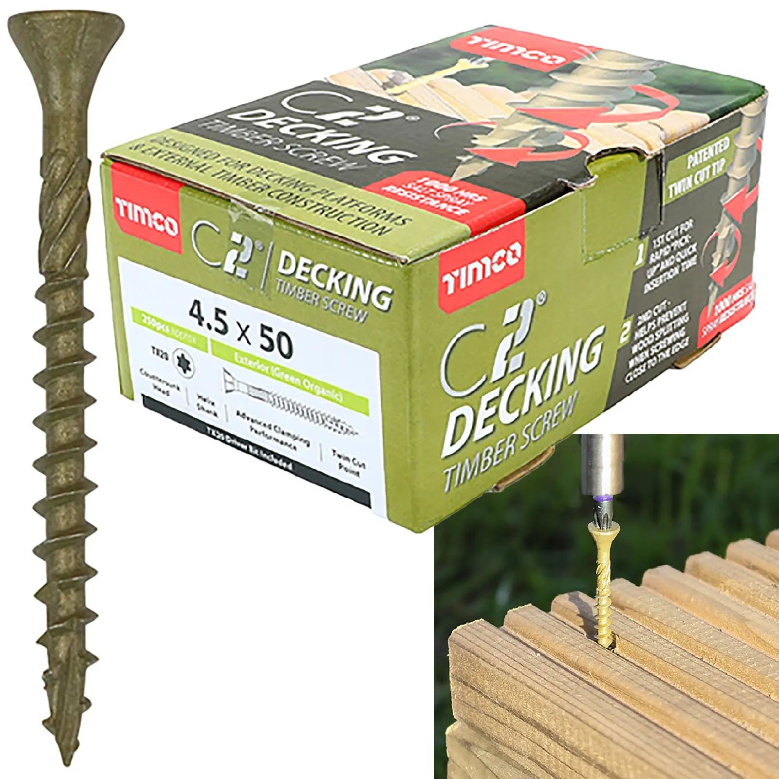 TIMCO C2 Deck Fix Premium Decking Screws Torx Exterior Green Timber Construction  White Rose Tools