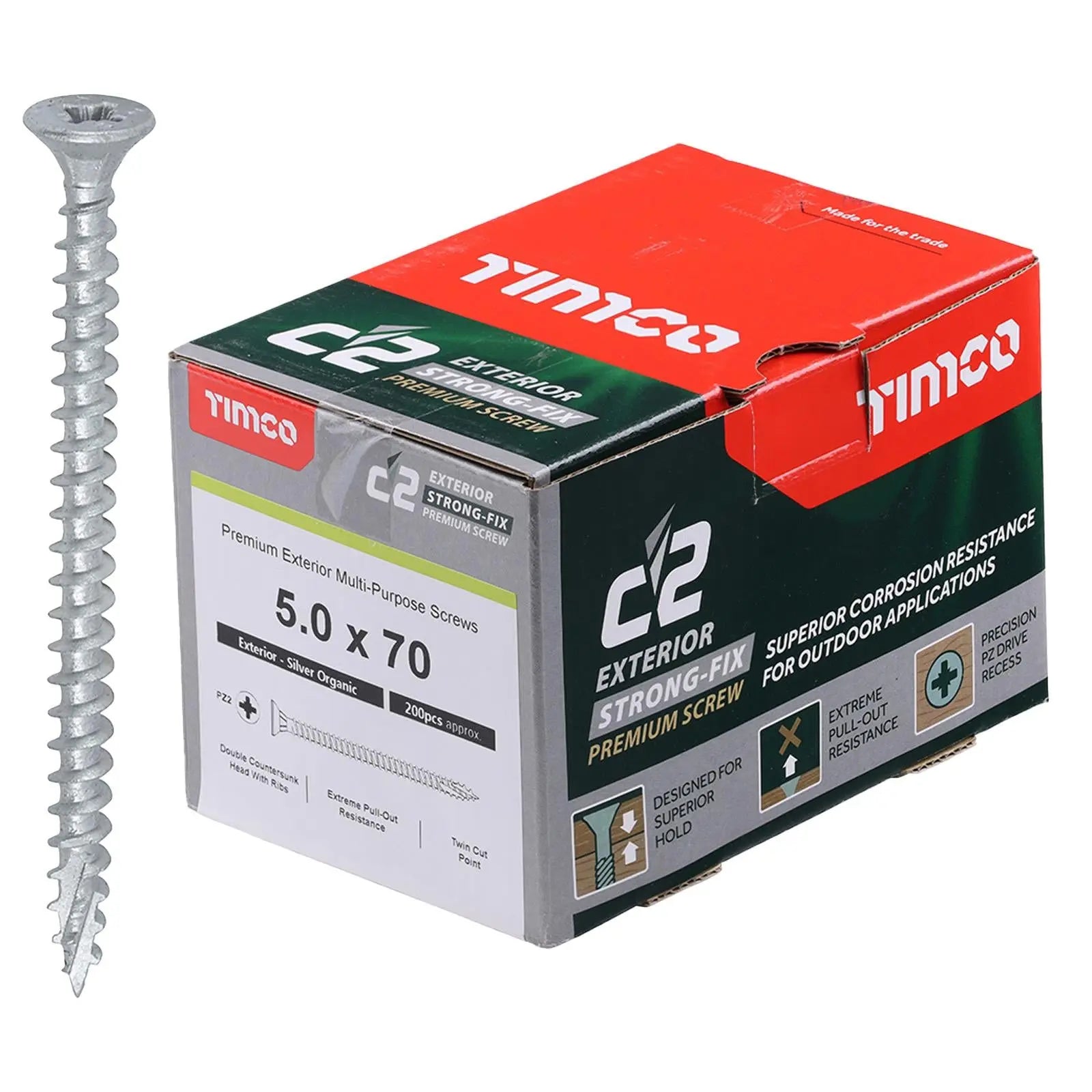 TIMCO C2 Exterior Strong Fix Premium External Wood Screws Pozi Box Exterior Silver Organic - Choose Size  White Rose Tools