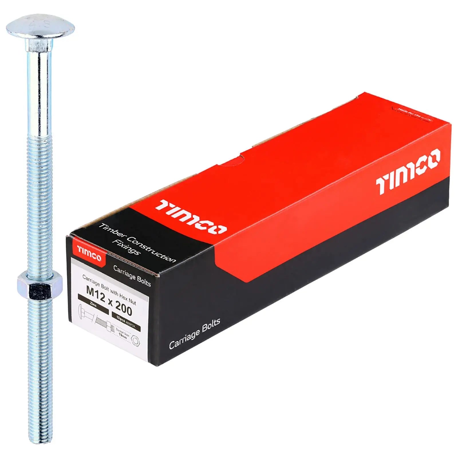 TIMCO Carriage Bolts with Hex Nuts 4.8 Grade Zinc Carbon Steel Boxed M6-M16 - Choose Size  White Rose Tools