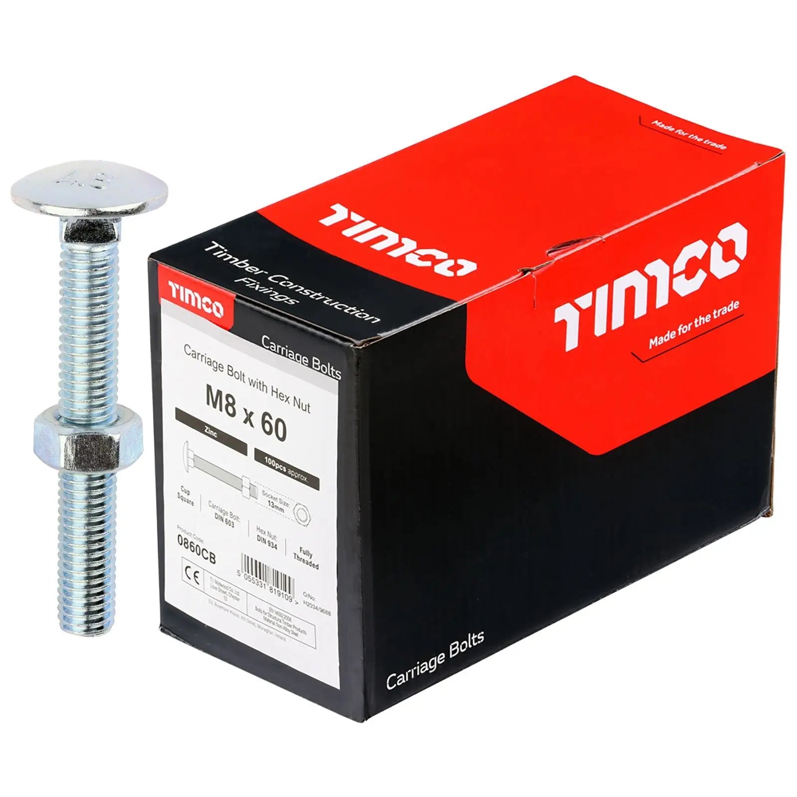 TIMCO Carriage Bolts with Hex Nuts 4.8 Grade Zinc Carbon Steel Boxed M6-M16 - Choose Size  White Rose Tools