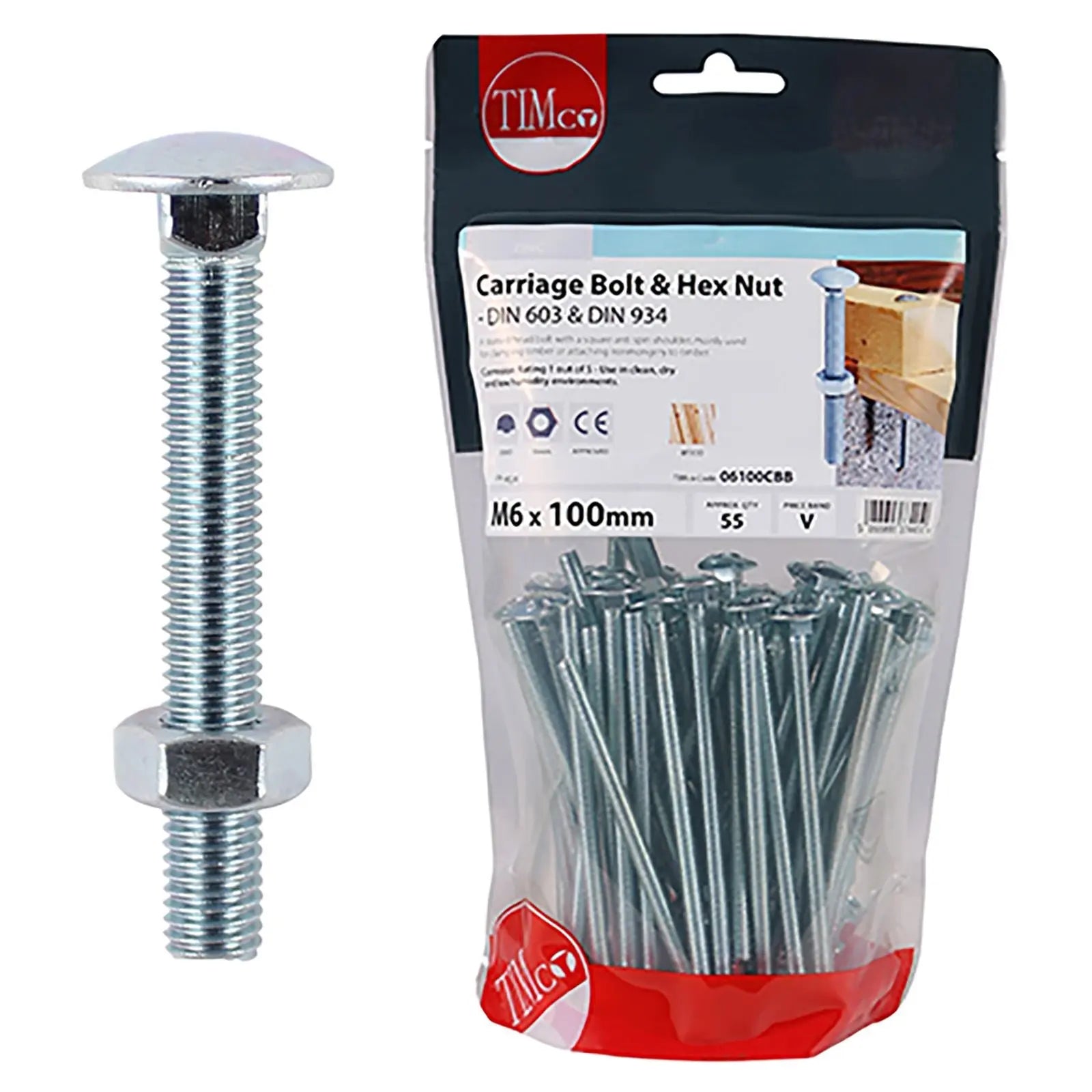 TIMCO Carriage Bolts with Hex Nuts 4.8 Grade Zinc Carbon Steel TIMbag M6-M12 - Choose Size  White Rose Tools