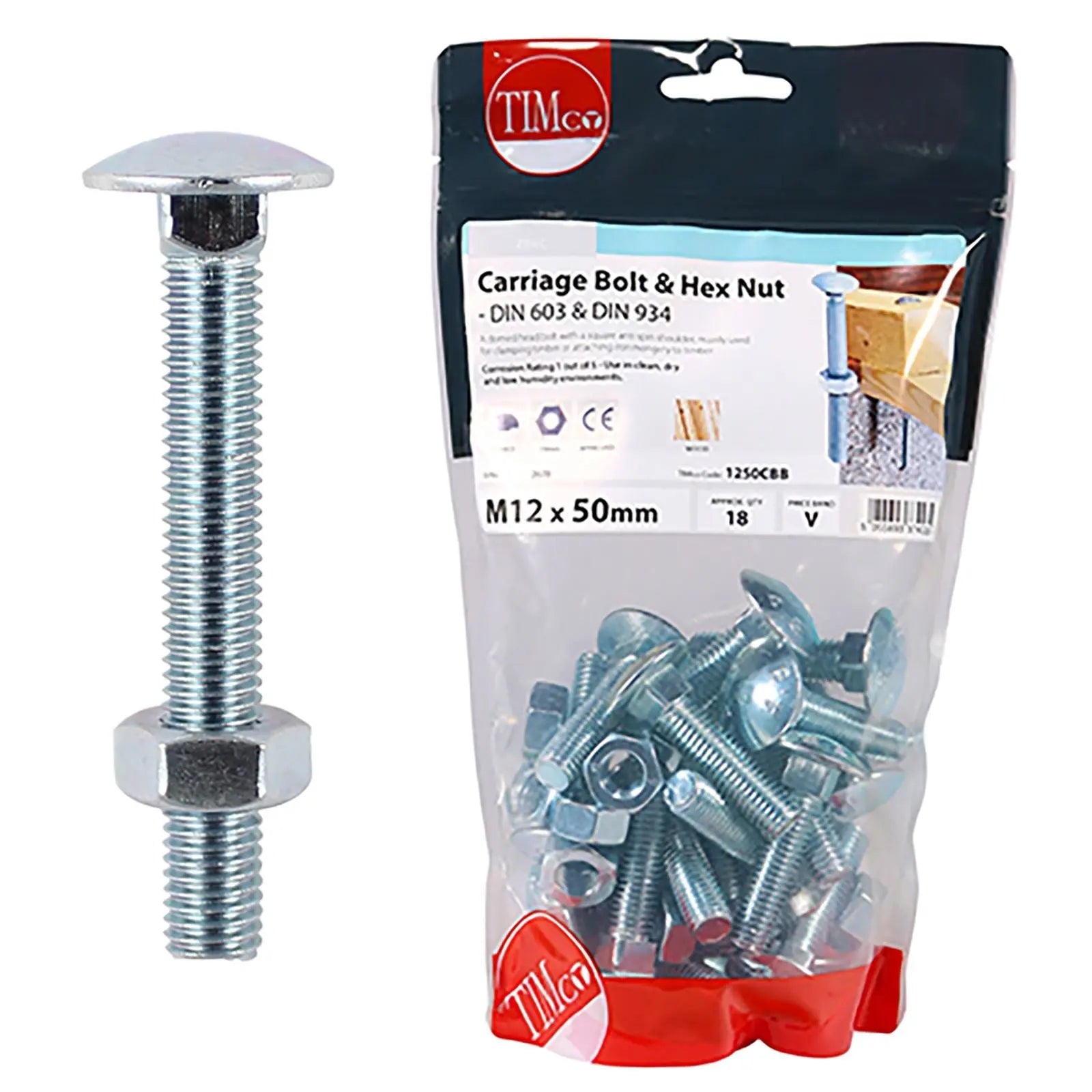 TIMCO Carriage Bolts with Hex Nuts 4.8 Grade Zinc Carbon Steel TIMbag M6-M12 - Choose Size  White Rose Tools