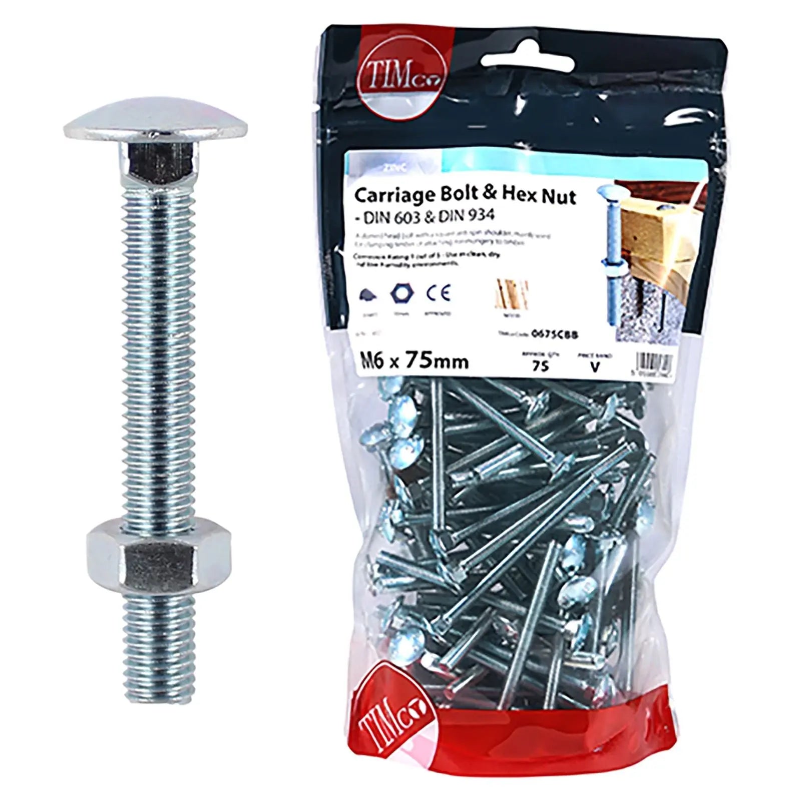 TIMCO Carriage Bolts with Hex Nuts 4.8 Grade Zinc Carbon Steel TIMbag M6-M12 - Choose Size  White Rose Tools