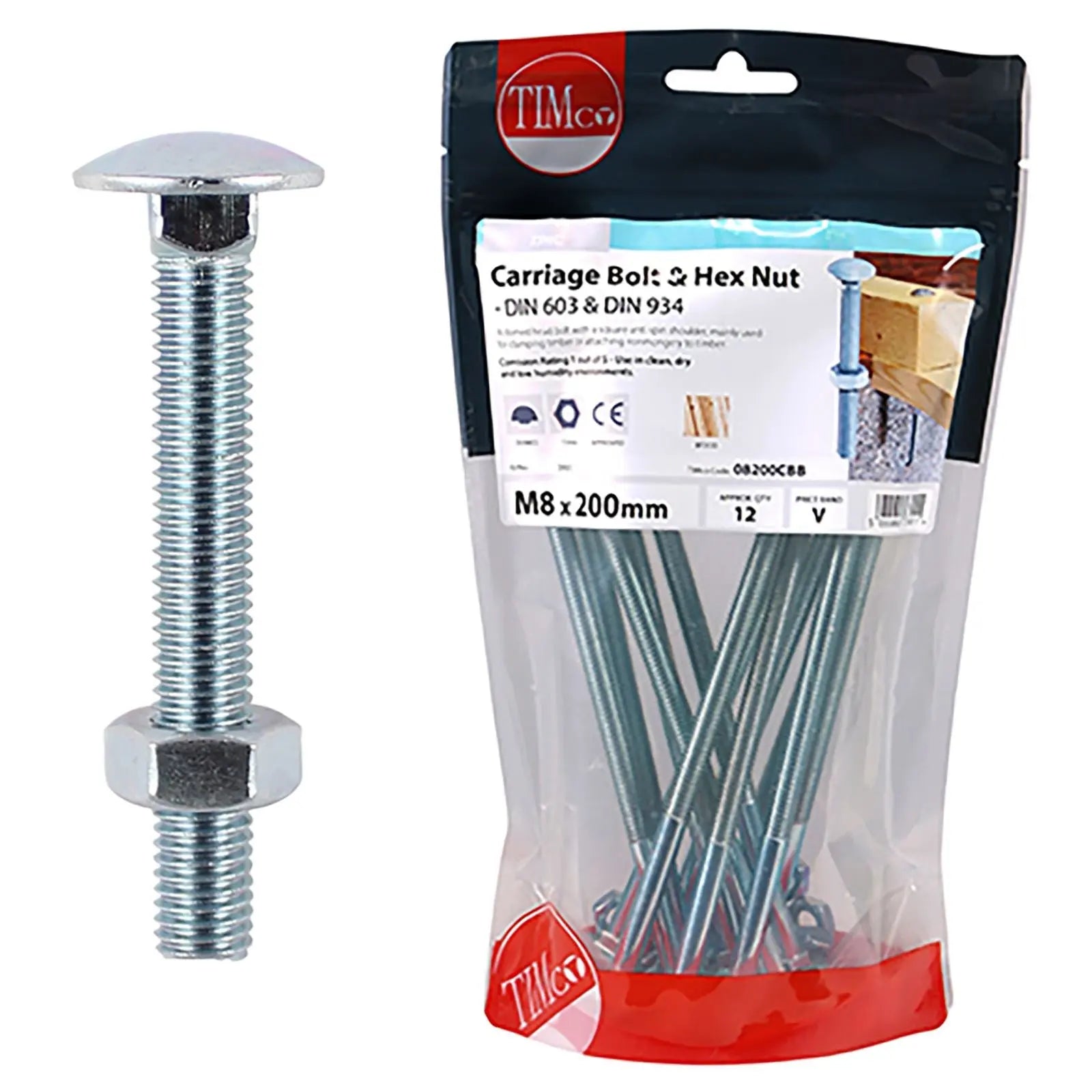 TIMCO Carriage Bolts with Hex Nuts 4.8 Grade Zinc Carbon Steel TIMbag M6-M12 - Choose Size  White Rose Tools