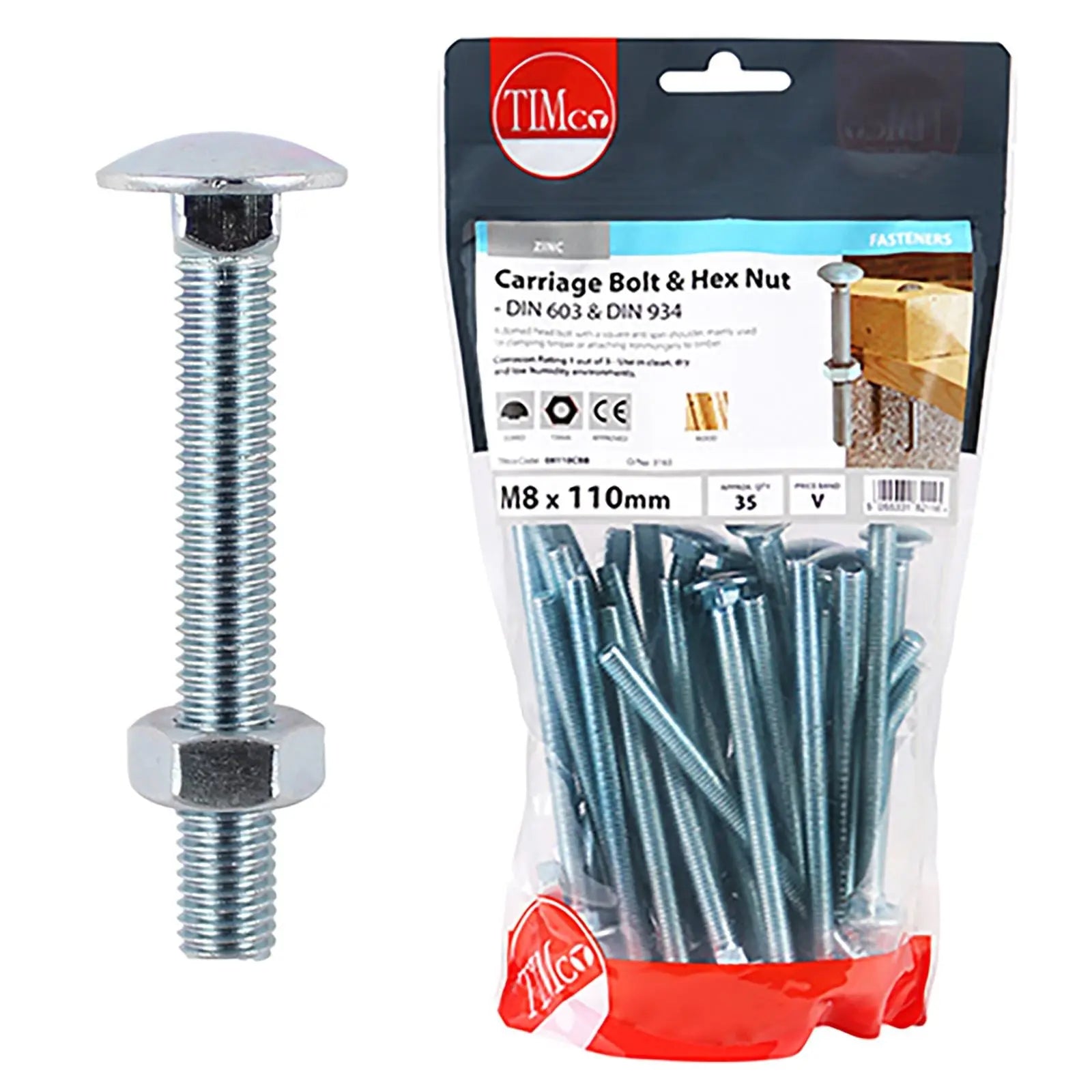 TIMCO Carriage Bolts with Hex Nuts 4.8 Grade Zinc Carbon Steel TIMbag M6-M12 - Choose Size  White Rose Tools
