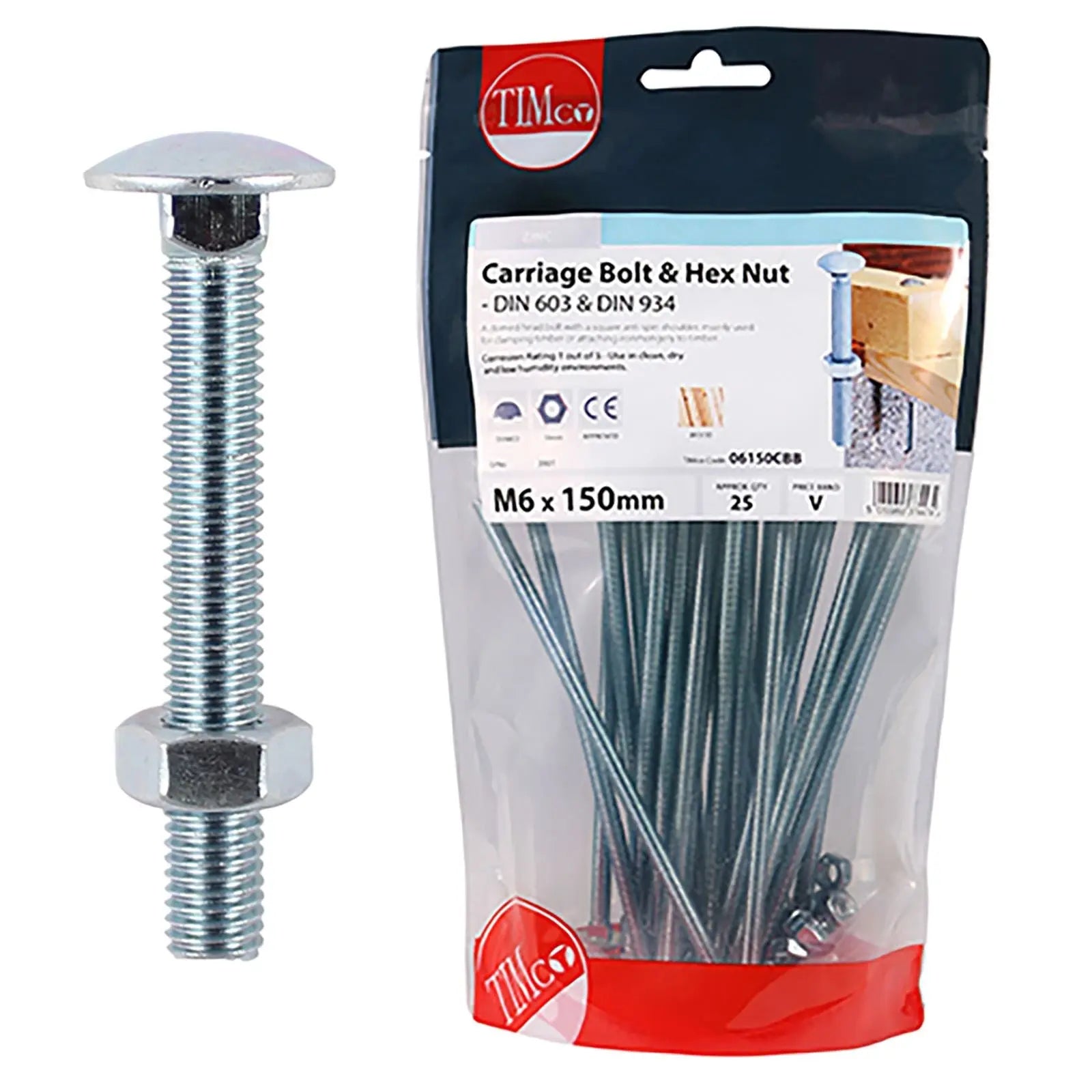 TIMCO Carriage Bolts with Hex Nuts 4.8 Grade Zinc Carbon Steel TIMbag M6-M12 - Choose Size  White Rose Tools