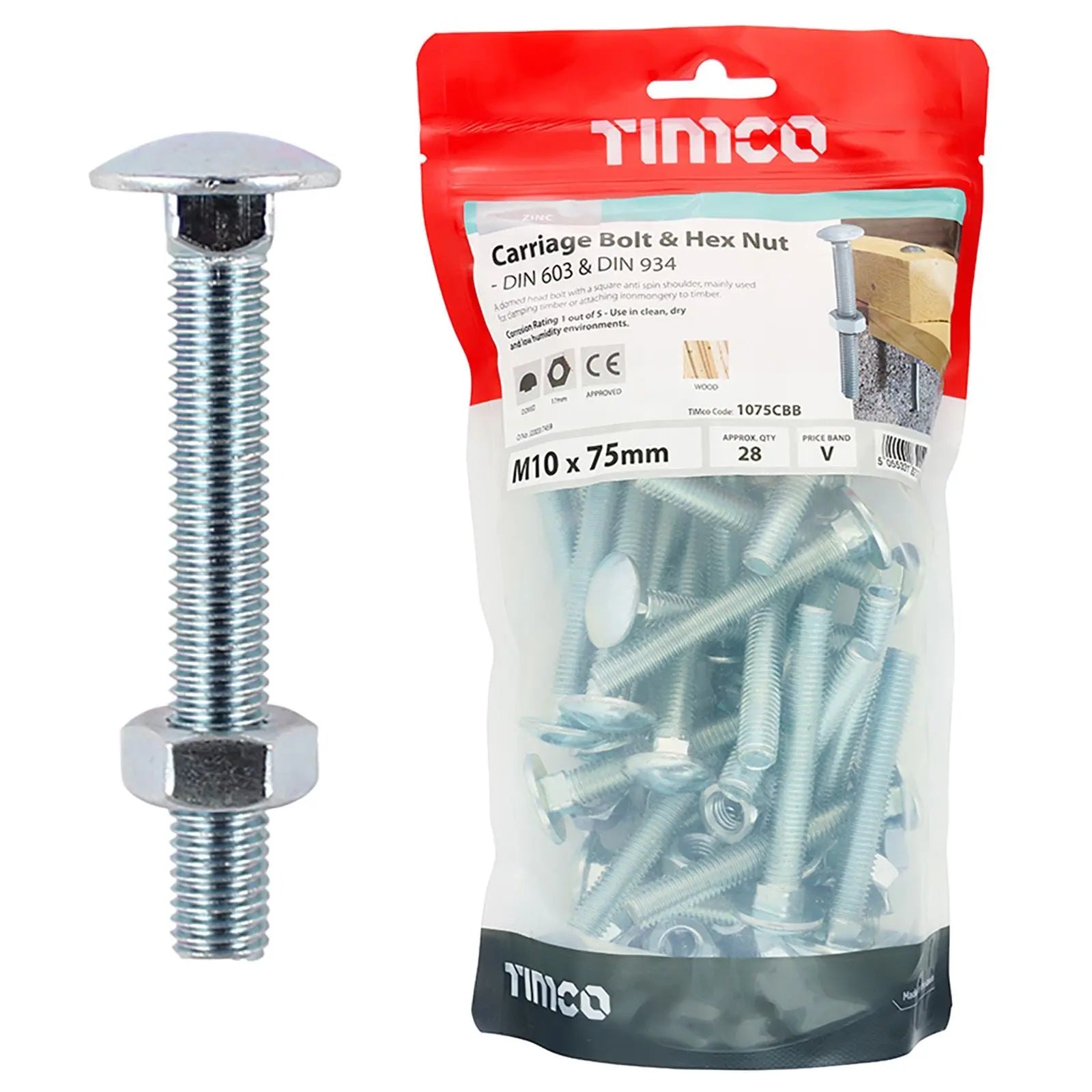 TIMCO Carriage Bolts with Hex Nuts 4.8 Grade Zinc Carbon Steel TIMbag M6-M12 - Choose Size  White Rose Tools