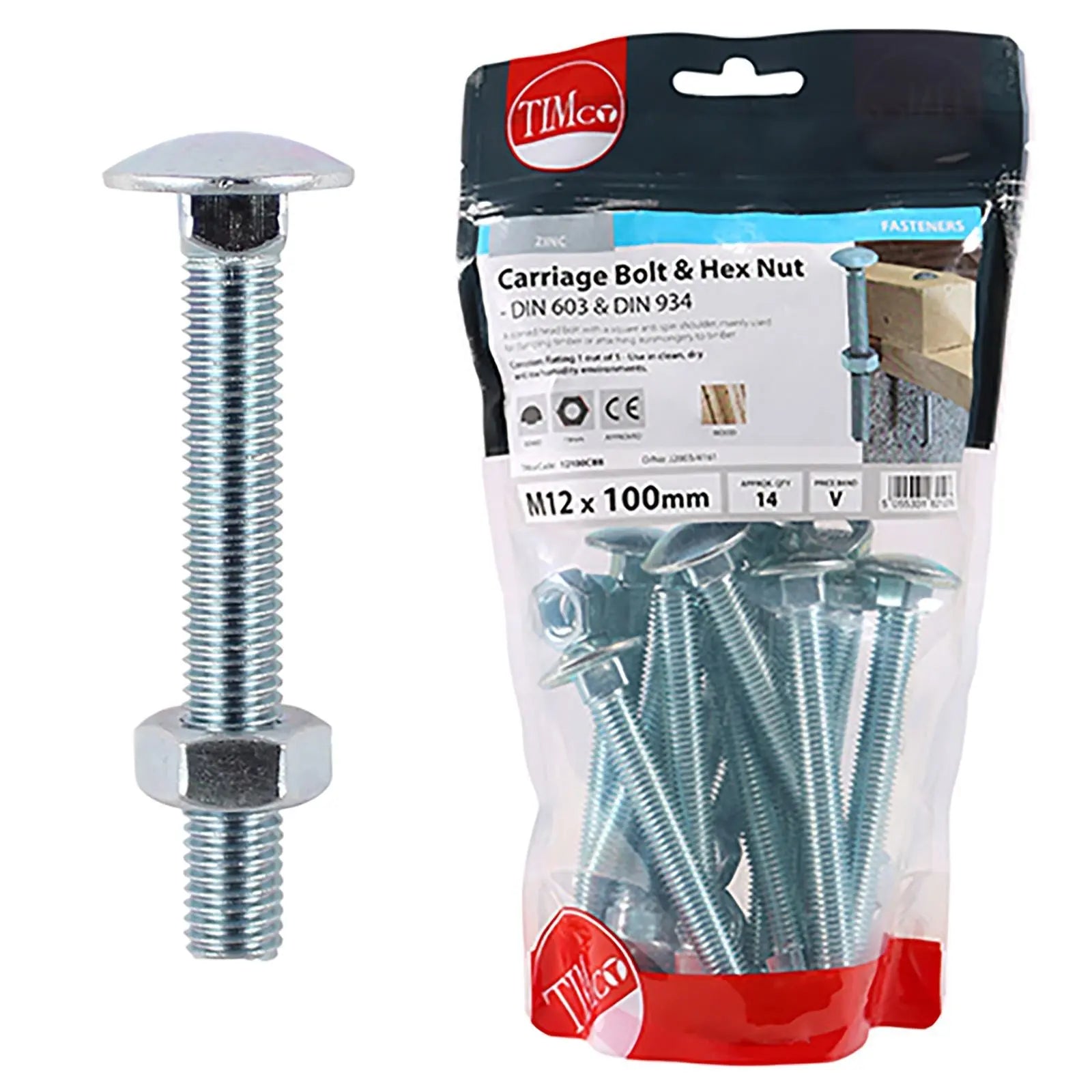 TIMCO Carriage Bolts with Hex Nuts 4.8 Grade Zinc Carbon Steel TIMbag M6-M12 - Choose Size  White Rose Tools