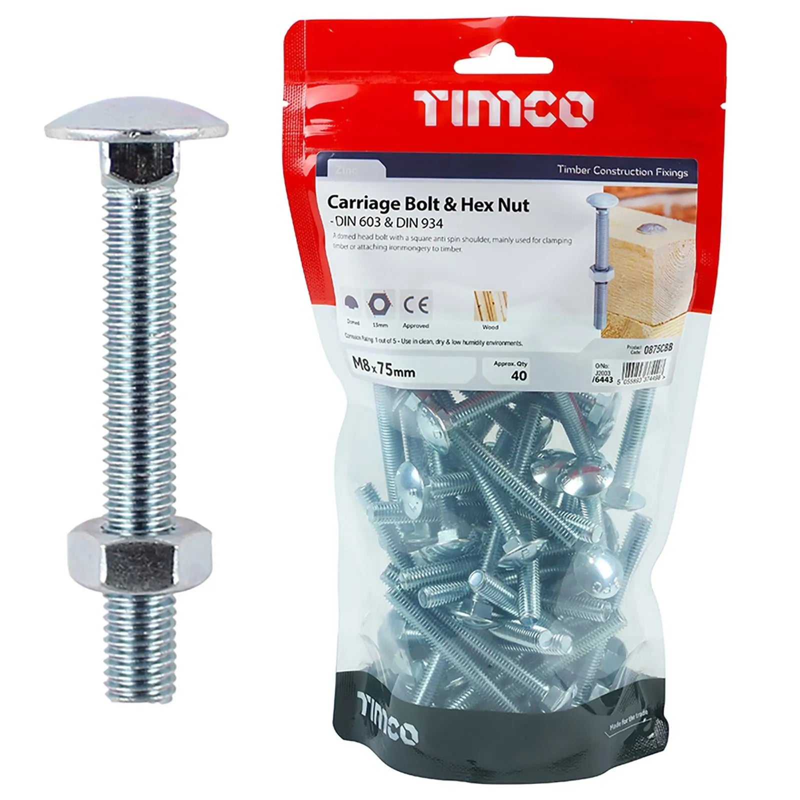 TIMCO Carriage Bolts with Hex Nuts 4.8 Grade Zinc Carbon Steel TIMbag M6-M12 - Choose Size  White Rose Tools