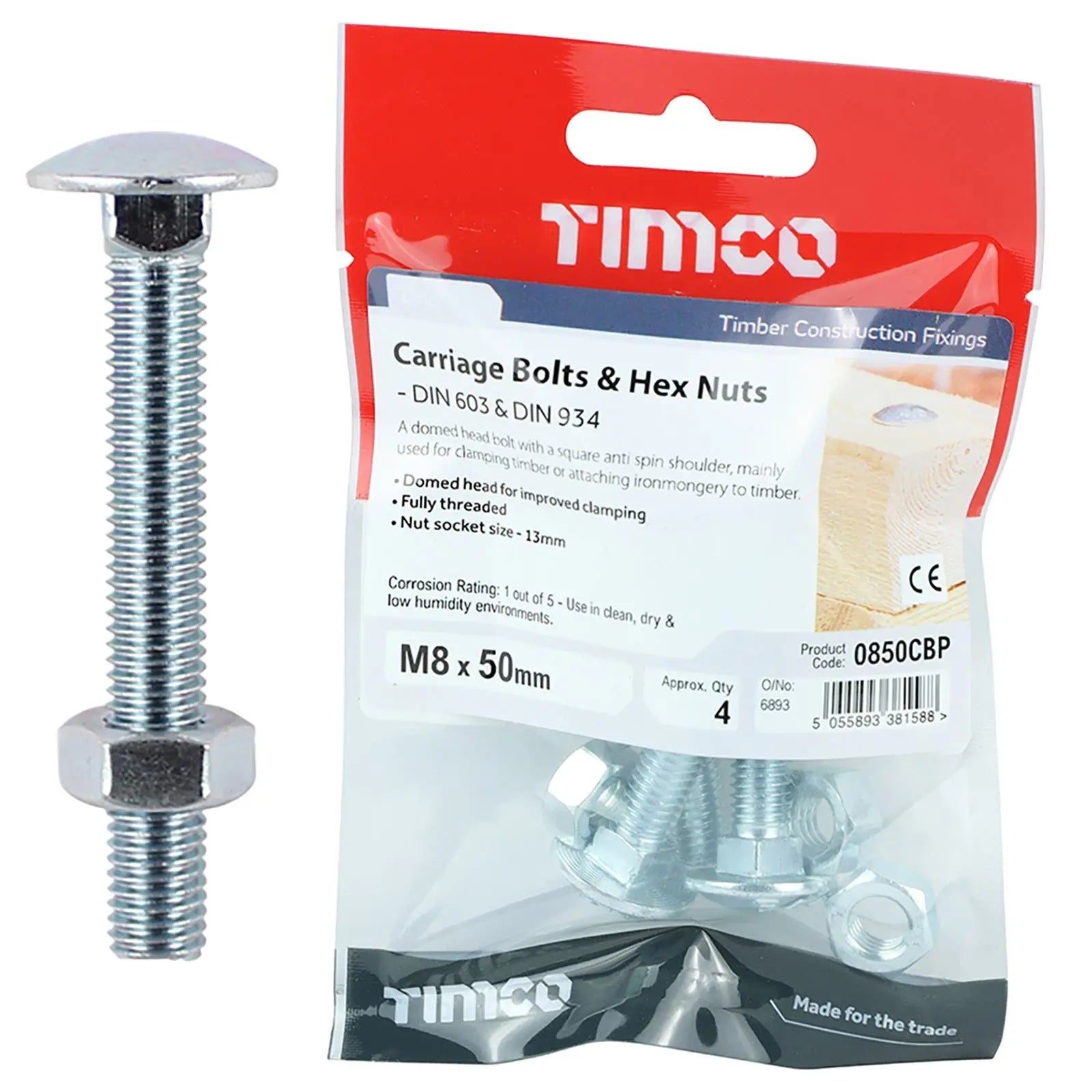 TIMCO Carriage Bolts with Hex Nuts 4.8 Grade Zinc Carbon Steel TIMpac M6-M12 - Choose Size  White Rose Tools
