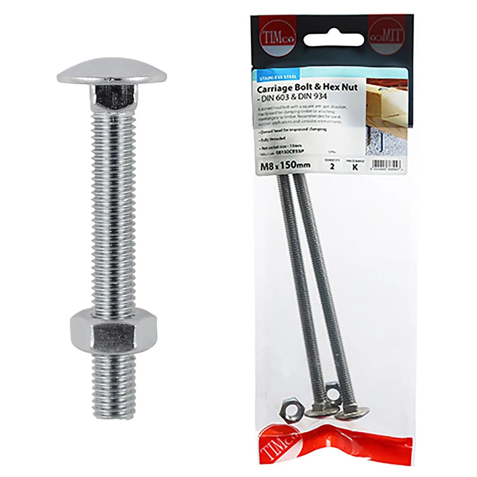 TIMCO Carriage Bolts with Hex Nuts A2 Austenitic Stainless Steel TIMpac M8-M12 - Choose Size  White Rose Tools
