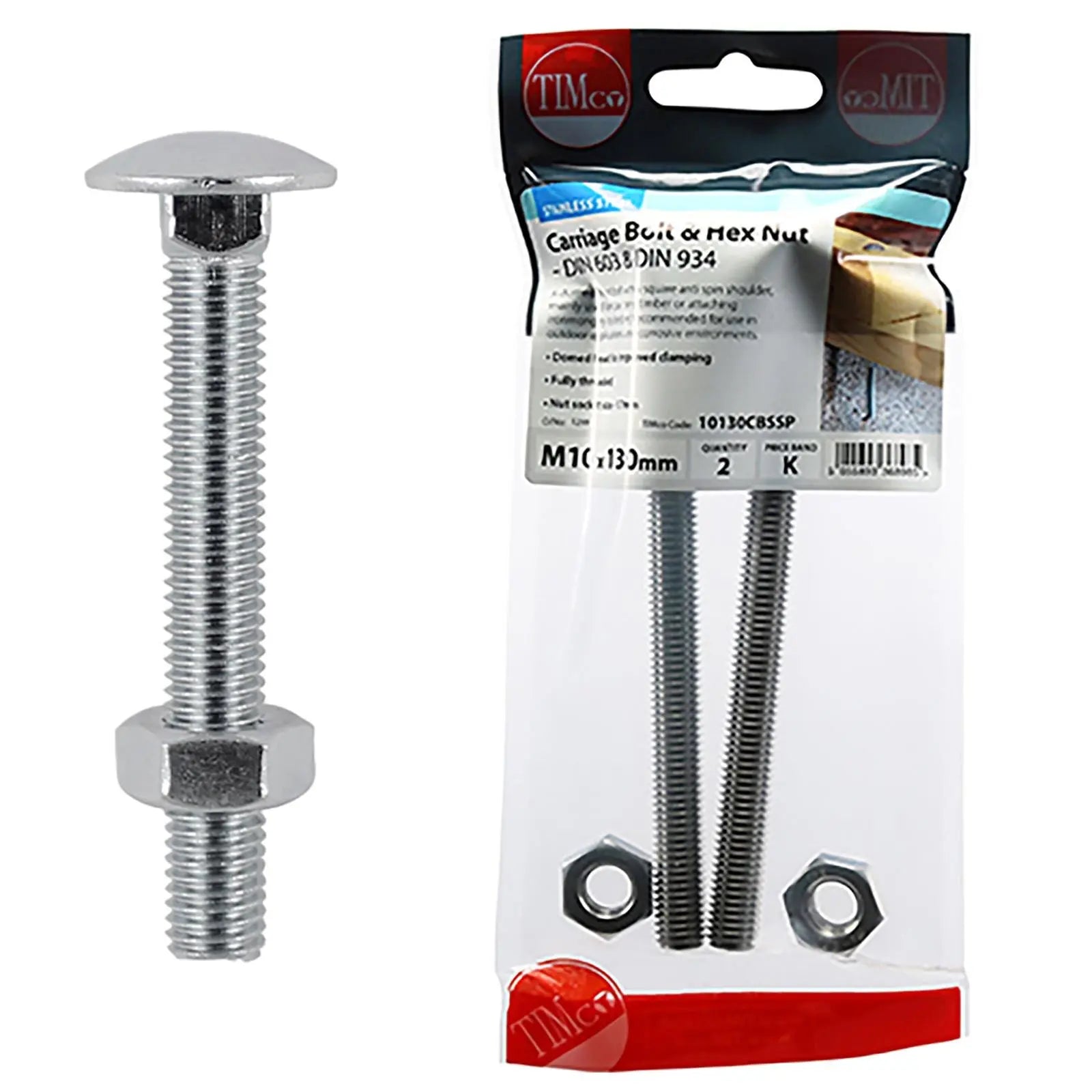 TIMCO Carriage Bolts with Hex Nuts A2 Austenitic Stainless Steel TIMpac M8-M12 - Choose Size  White Rose Tools