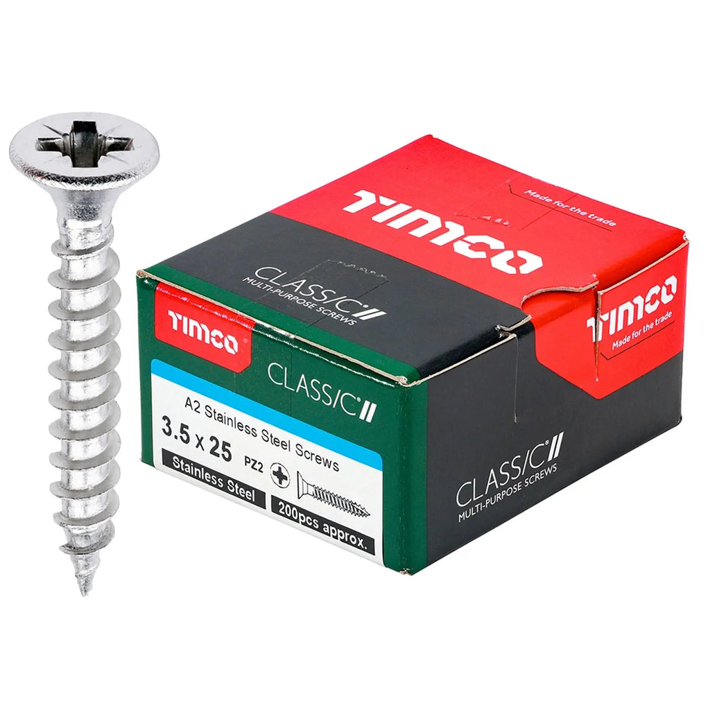 TIMCO Classic Multi Purpose Screws A2 Stainless Steel Double Countersunk Boxed - Choose Size  White Rose Tools