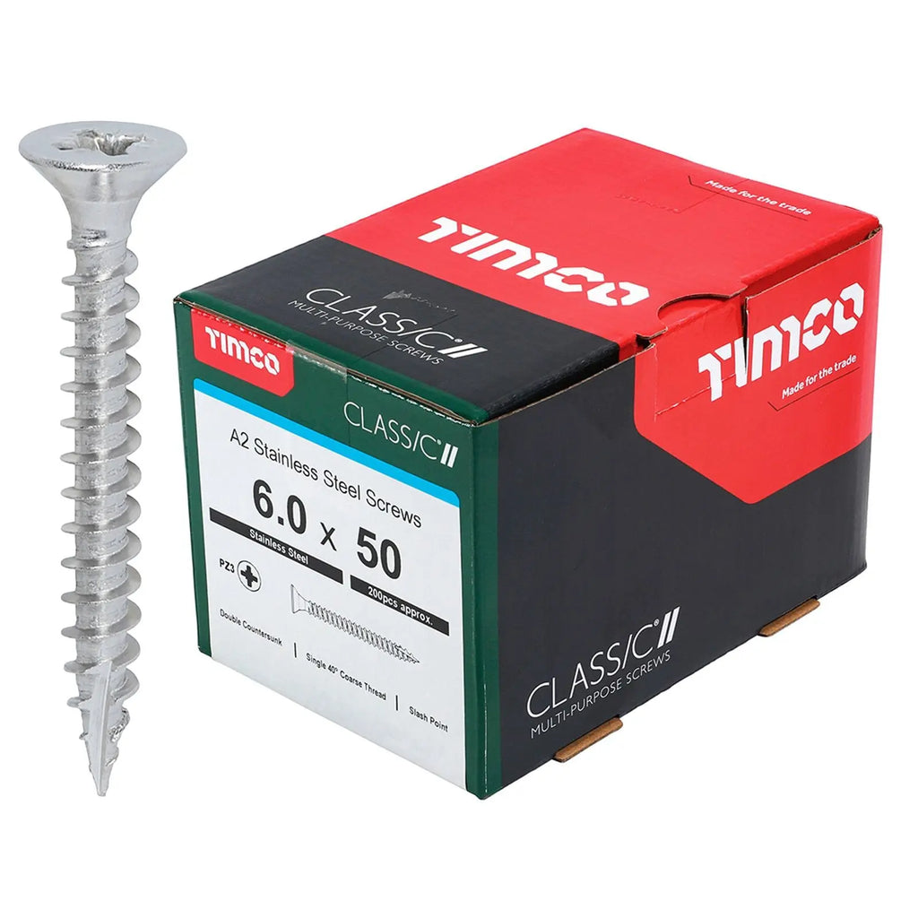 TIMCO Classic Multi Purpose Screws A2 Stainless Steel Double Countersunk Boxed - Choose Size  White Rose Tools