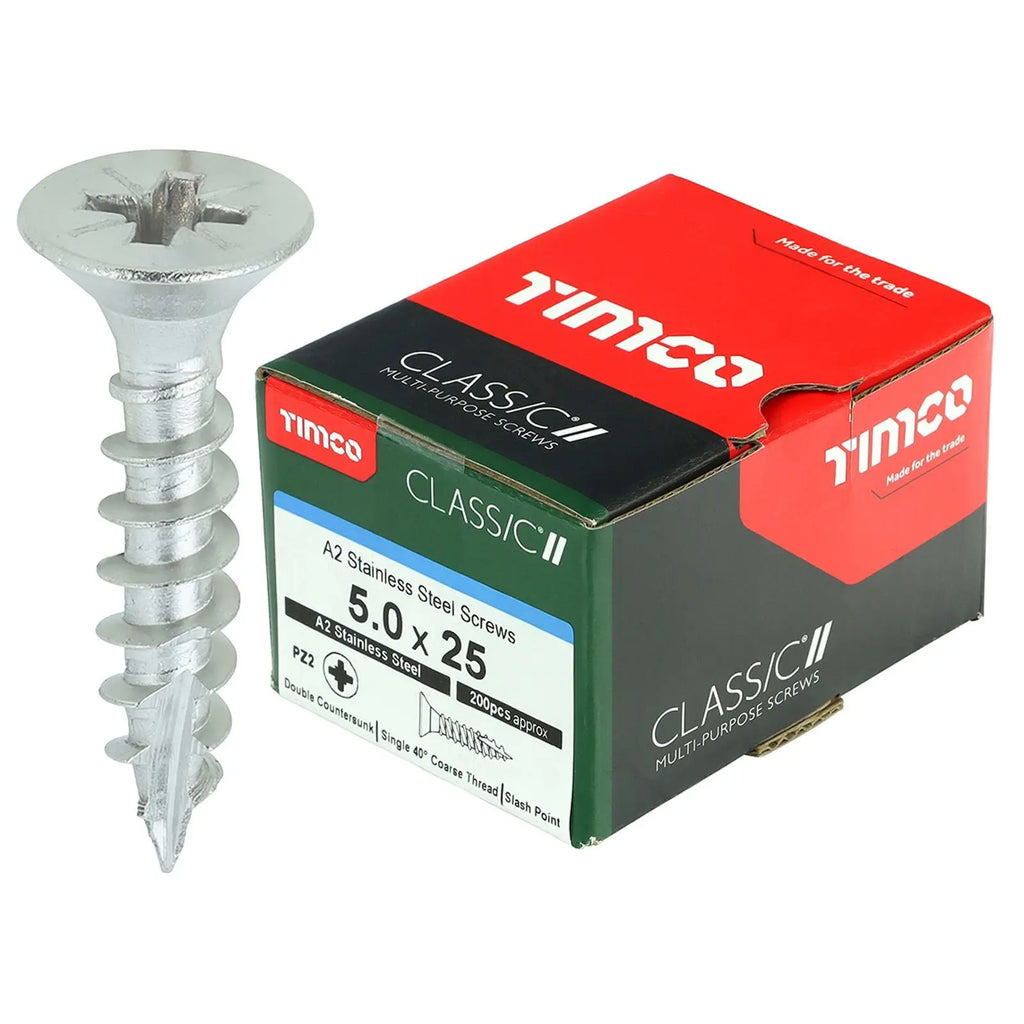 TIMCO Classic Multi Purpose Screws A2 Stainless Steel Double Countersunk Boxed - Choose Size  White Rose Tools