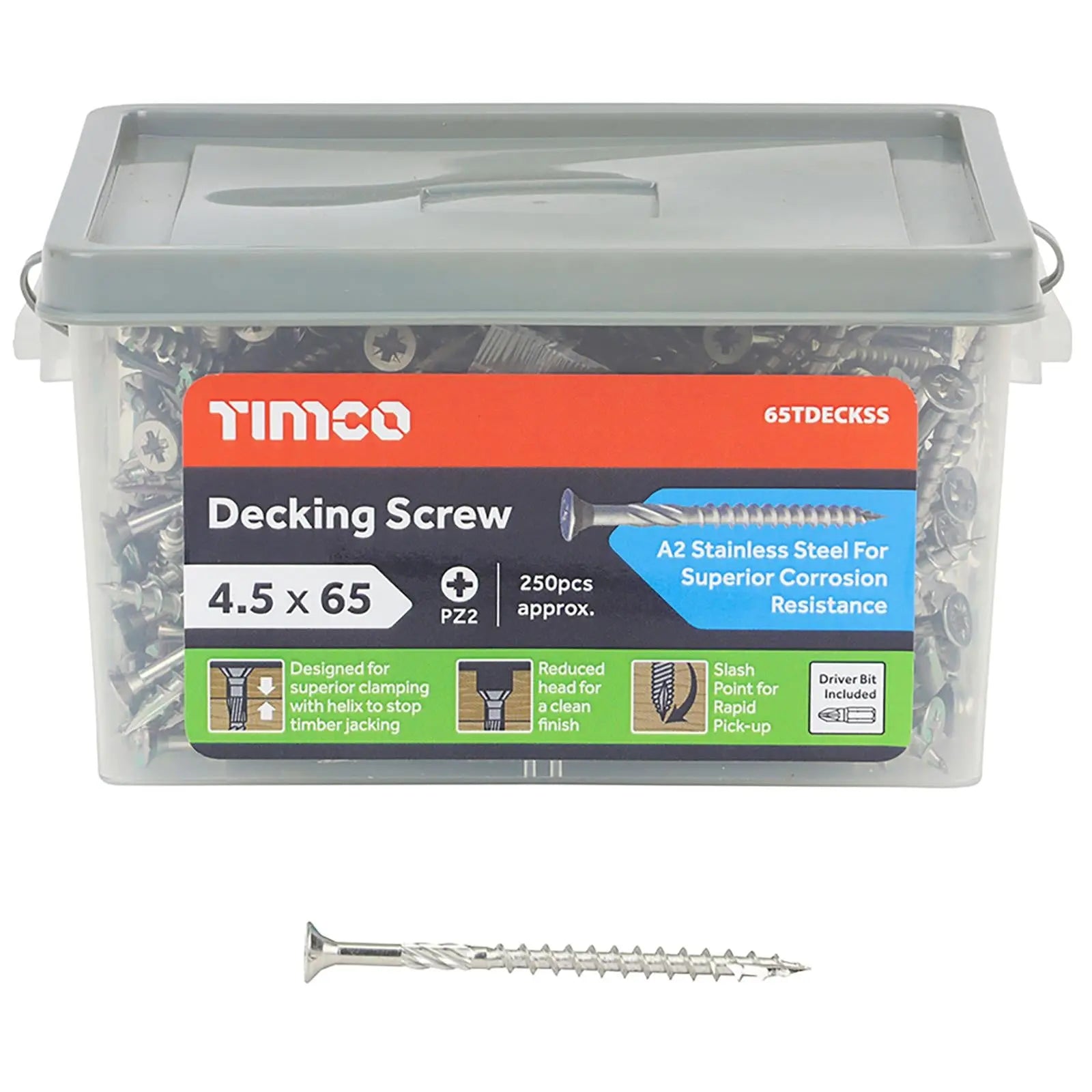 TIMCO Decking Screw Double Countersunk A2 Stainless Steel 250 Screws Tub Pozi PZ2 - Choose Size  White Rose Tools