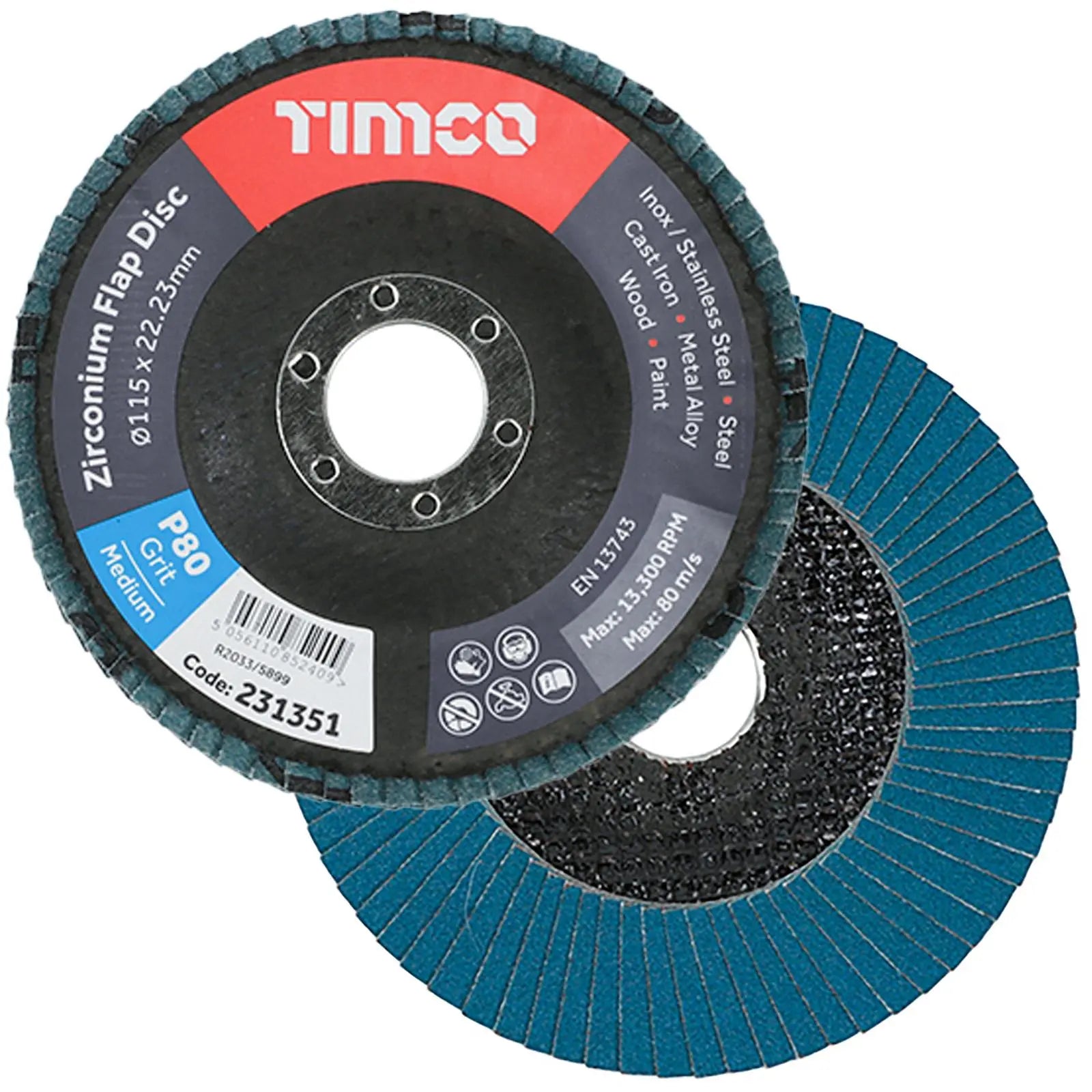 TIMCO Flap Discs Zirconium 115mm for Metal and Wood Premium Heavy Duty 10 Pack - Choose Grit  White Rose Tools