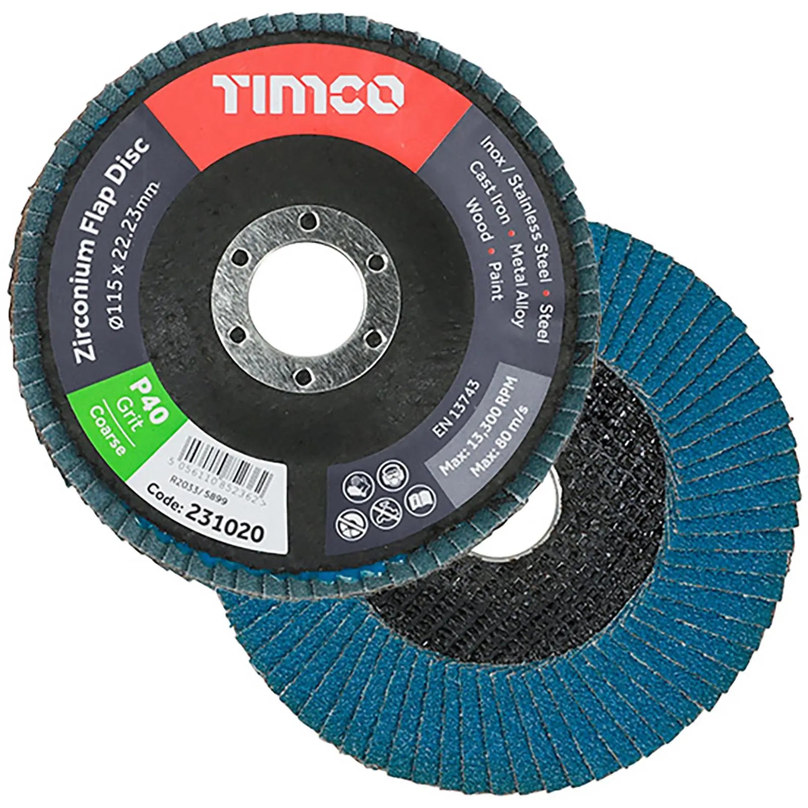 TIMCO Flap Discs Zirconium 115mm for Metal and Wood Premium Heavy Duty 10 Pack - Choose Grit  White Rose Tools