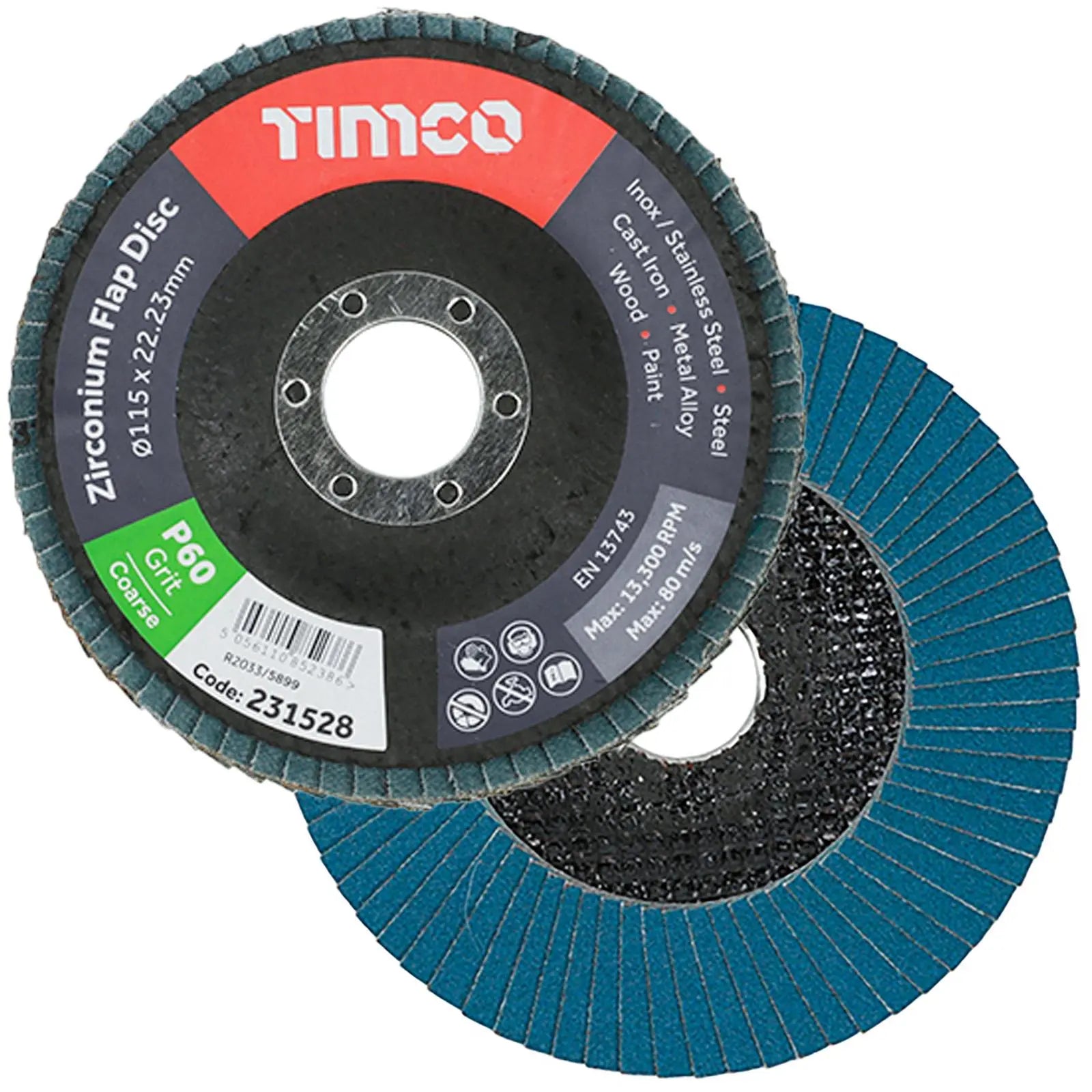 TIMCO Flap Discs Zirconium 115mm for Metal and Wood Premium Heavy Duty 10 Pack - Choose Grit  White Rose Tools