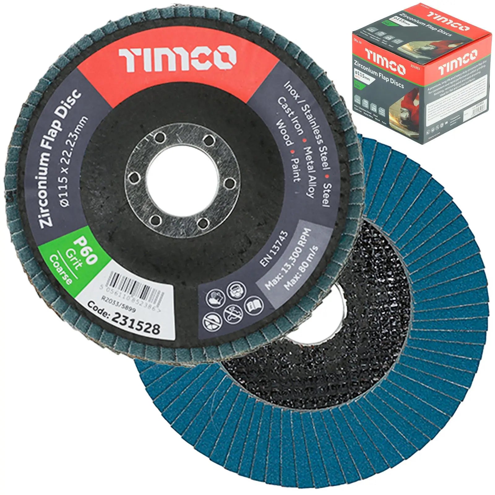 TIMCO Flap Discs Zirconium 115mm for Metal and Wood Premium Heavy Duty 10 Pack - Choose Grit  White Rose Tools