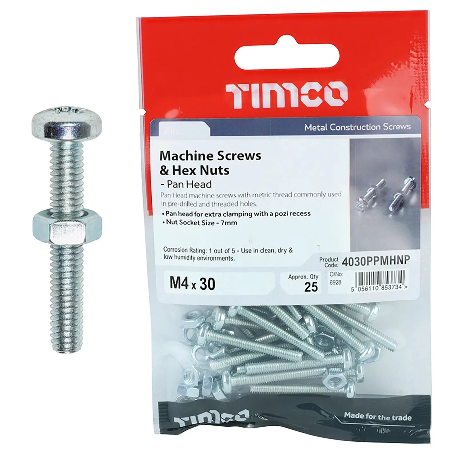 TIMCO Machine Screws Pan Head with Hex Nut Zinc Pozi Timpac - Choose Size  White Rose Tools