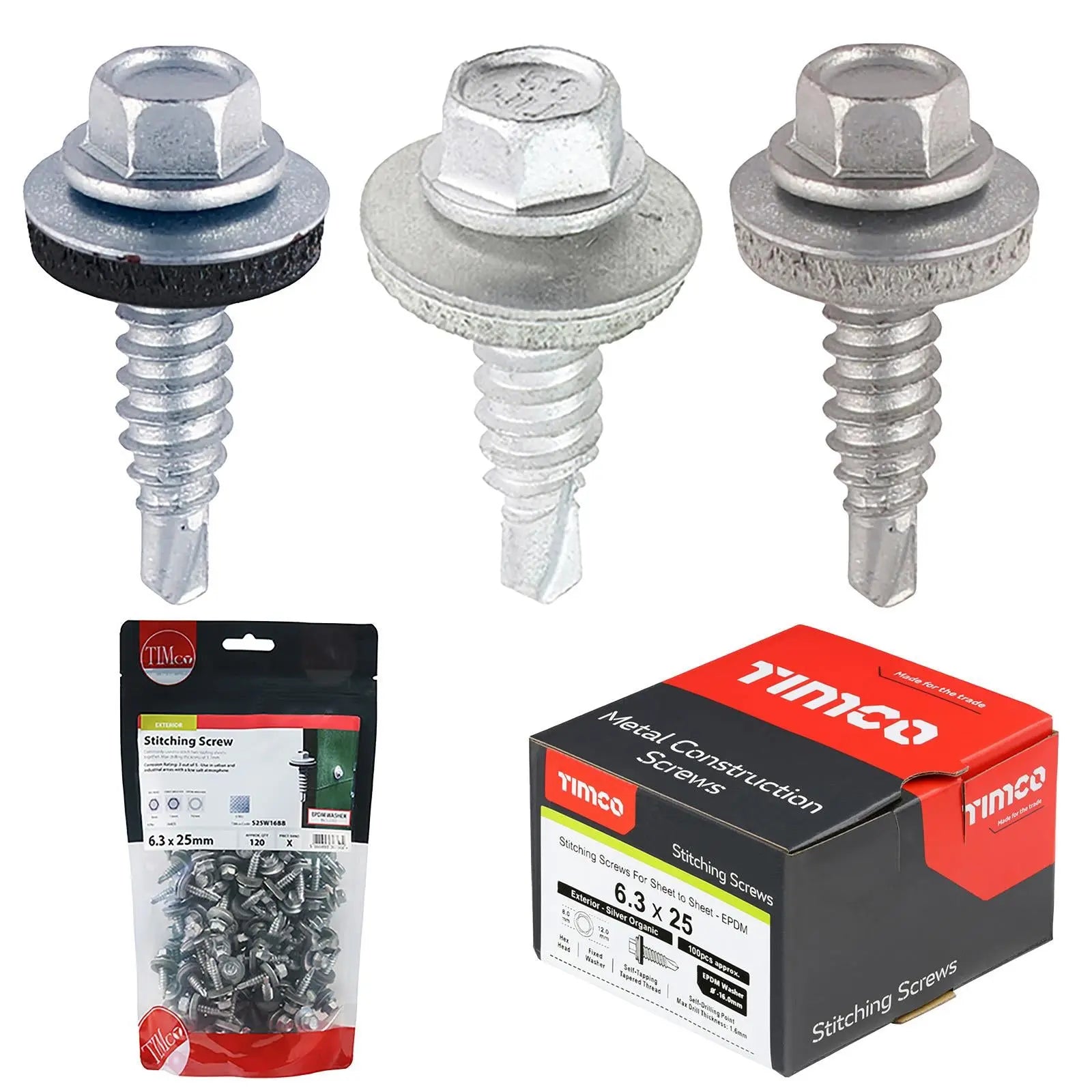 TIMCO Metal Stitching Screw for Sheet to Sheet 16mm EPDM Washer Bi-Metal Exterior Zinc - Choose Size  White Rose Tools